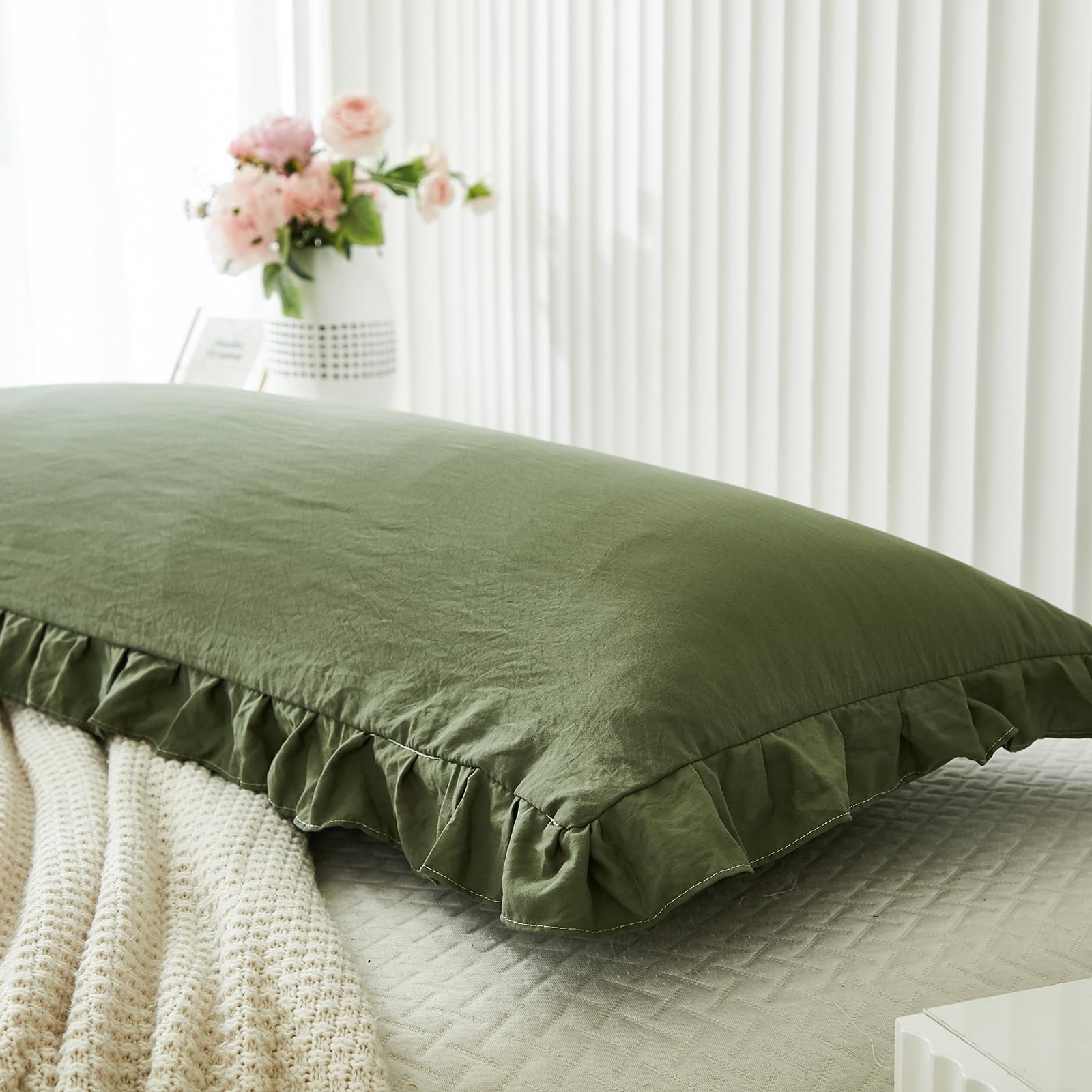 Olive Green Ruffled Body Pillow Cover 20x54 Inches - Shabby Chic Decorative Pillowcase with Fringe Trim for Bed, Sofa & Nursery - Soft Long Pillow Sham for Home Decor (1 Piece)