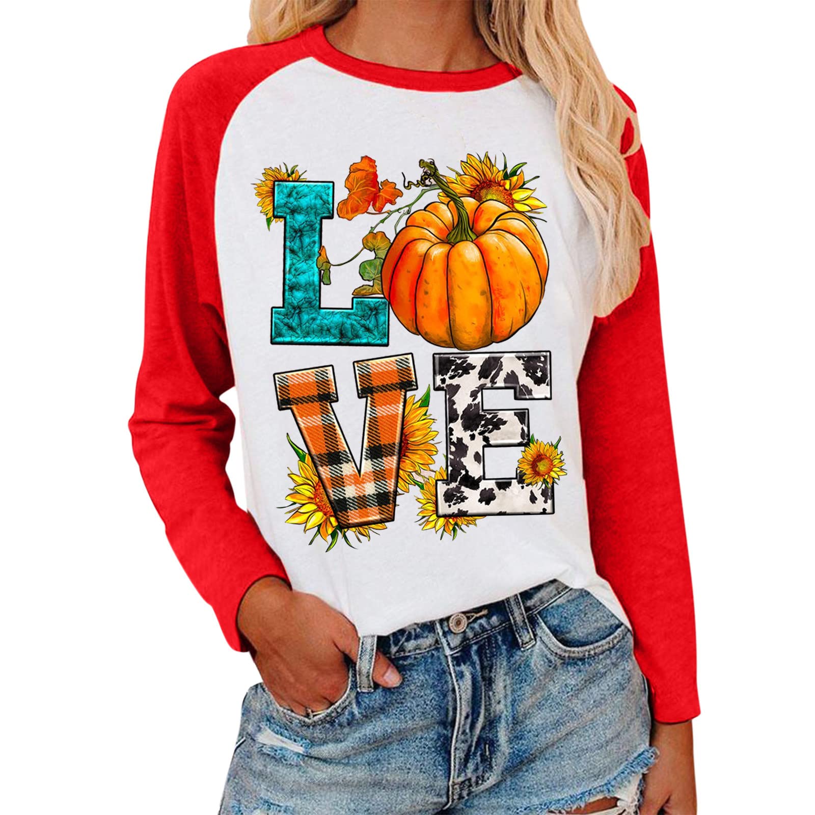 Women's Casual Printed Raglan Long Sleeve T-Shirt - Round Neck Athletic Blouse Top for Yoga, Running & Everyday Wear | Comfortable Tunic Shirt for Women