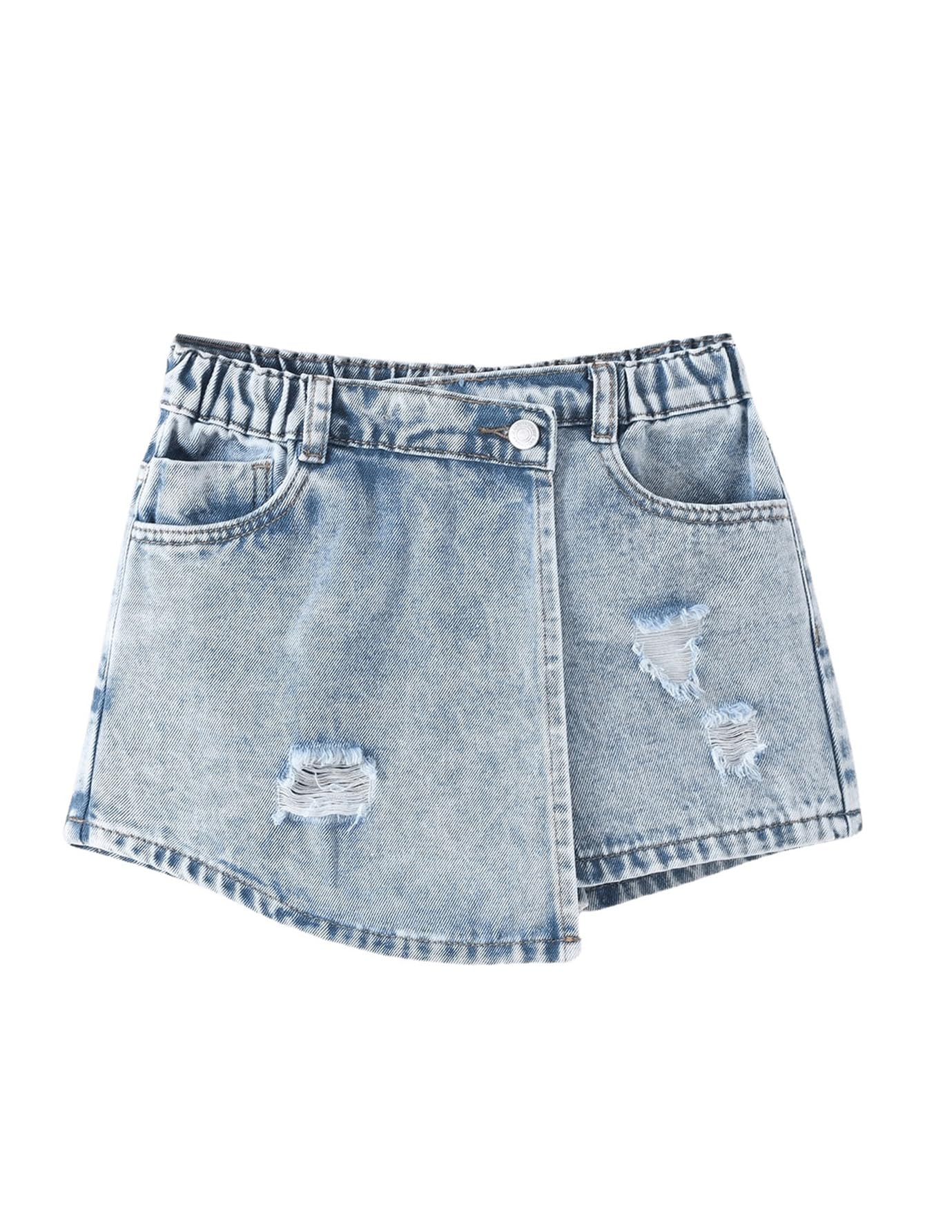 Girl's Denim Skirts with Button & Elastic Waist - Casual Ripped Mini Shorts, Asymmetric Wrap Skorts with Pockets | Perfect for School, Outings & Summer Fashion