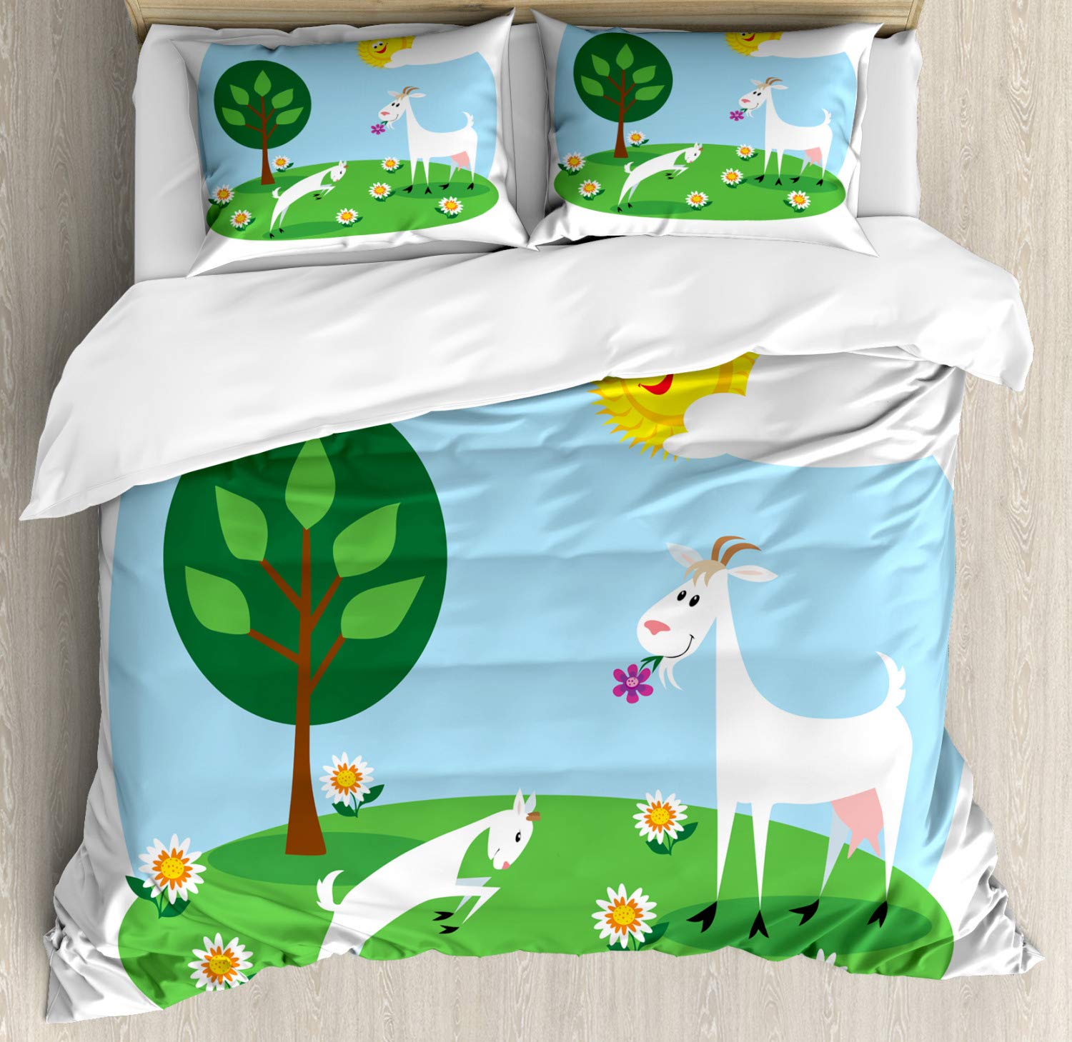 Ambesonne Goat Duvet Cover Set - Cartoon Goat Playing in Meadow with Daisy Flowers, 3 Piece Bedding Set with 2 Pillow Shams, California King Size, Vibrant Multicolor - Perfect for Kids Room, Farmhouse Decor & Cozy Bedroom Makeover
