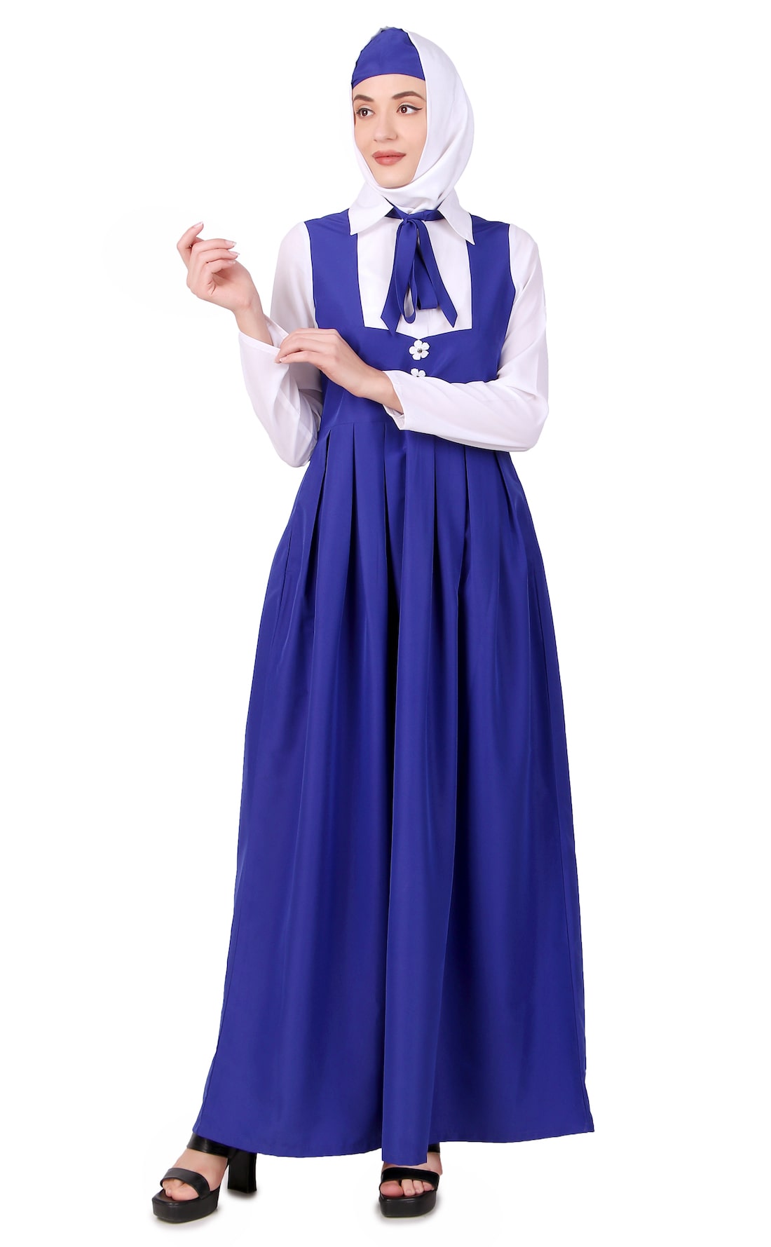 Elegant White and Royal Blue Flared Abaya with Collar - Modest Islamic Dress for Women - Perfect for Prayer, Eid, and Special Occasions
