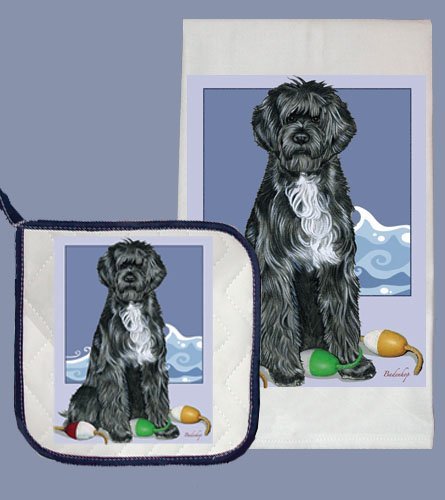 Premium Portuguese Water Dog Dish Towel and Pot Holder Set - Absorbent Kitchen Towels with Non-Slip Pot Holders for Cooking, Baking & Kitchen Decor (Dog Lover Gift)