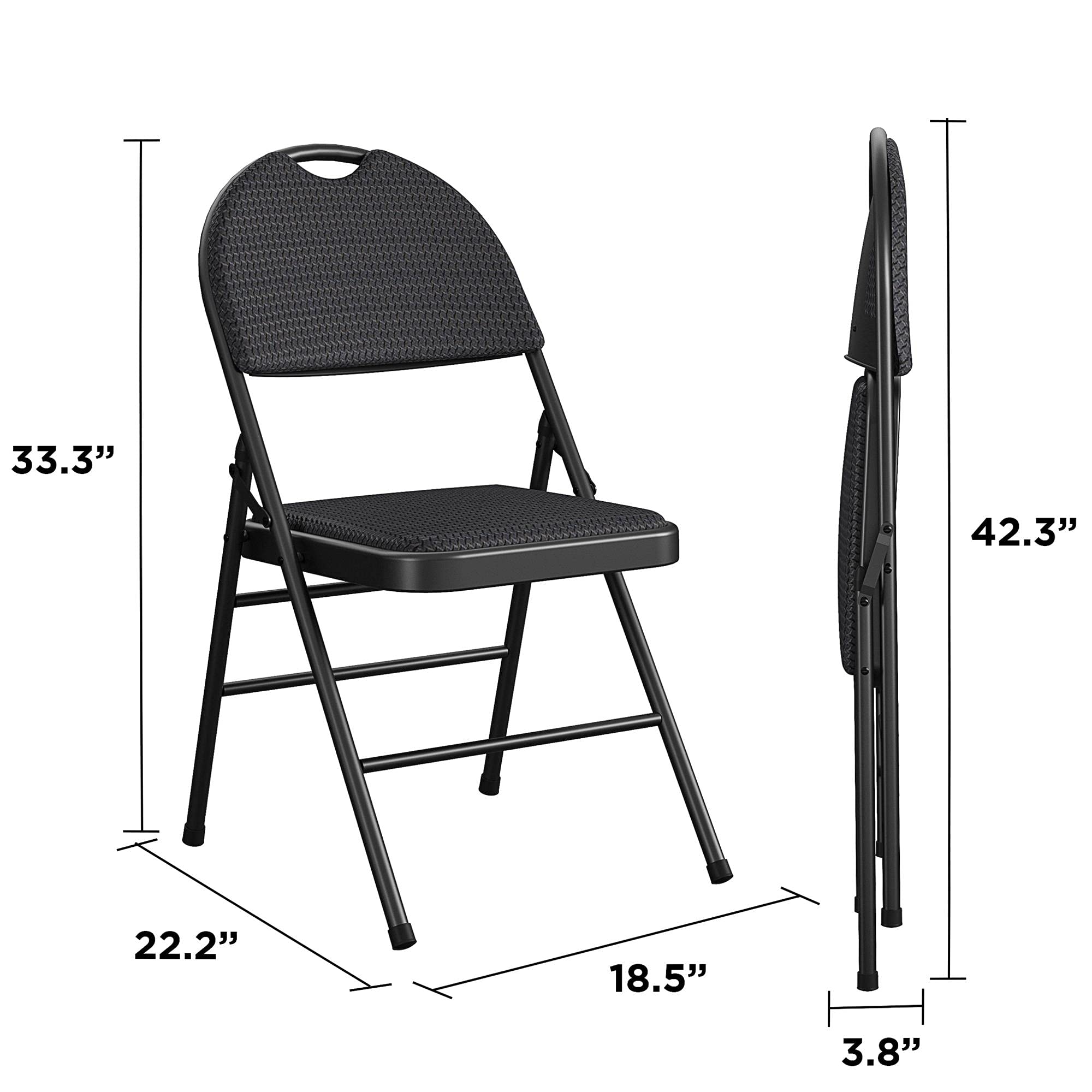 XL Comfort Fabric Padded Metal Folding Chair with Contoured Seat Back - 300 lb Capacity, Triple Braced, Black (Set of 4) - Perfect for Events, Parties, Banquets & Outdoor Gatherings