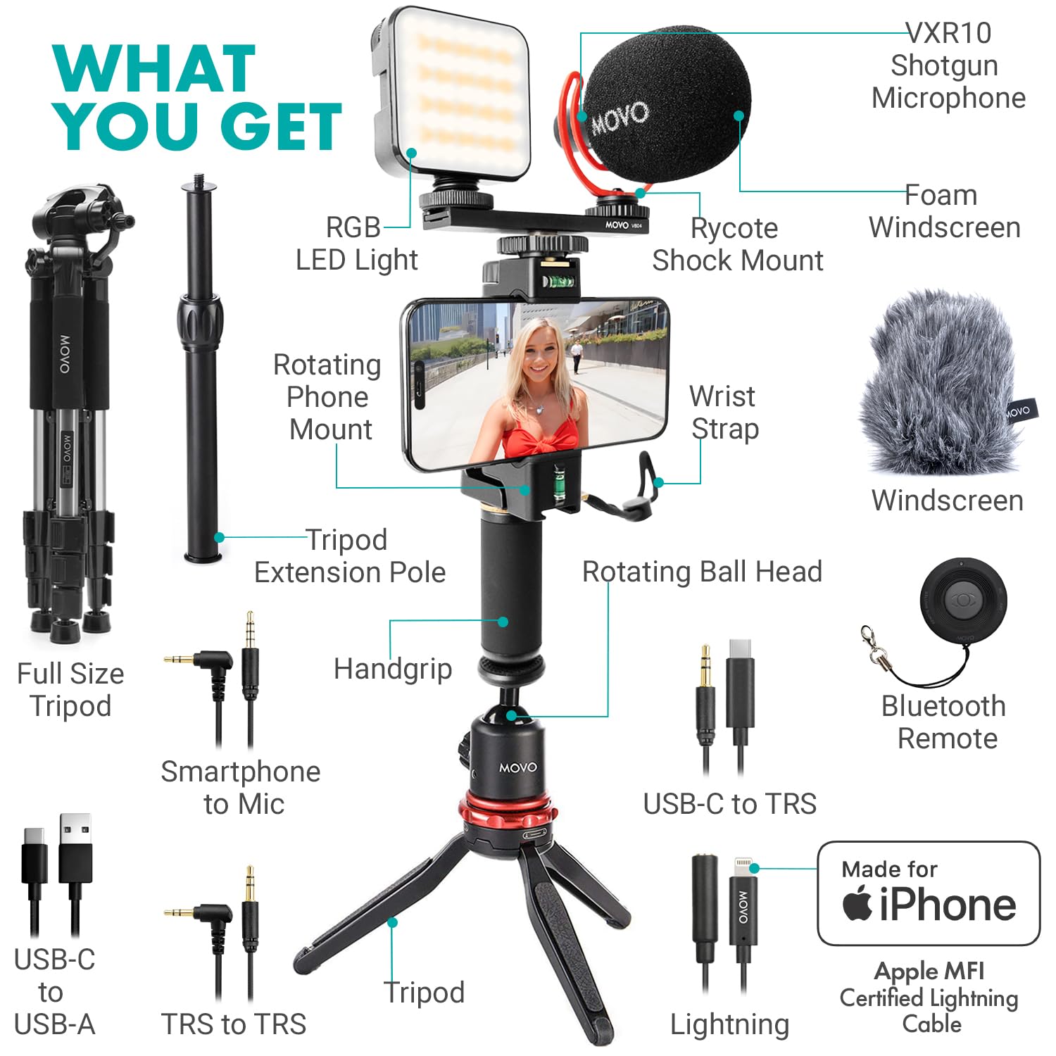 Movo iVlogger-PRO Complete Vlogging Kit with Adjustable Tripod for iPhone & Android - USB-C/Lightning YouTube Starter Kit with RGB Light & Shotgun Mic - Perfect for Content Creators, Live Streaming & Social Media Videos