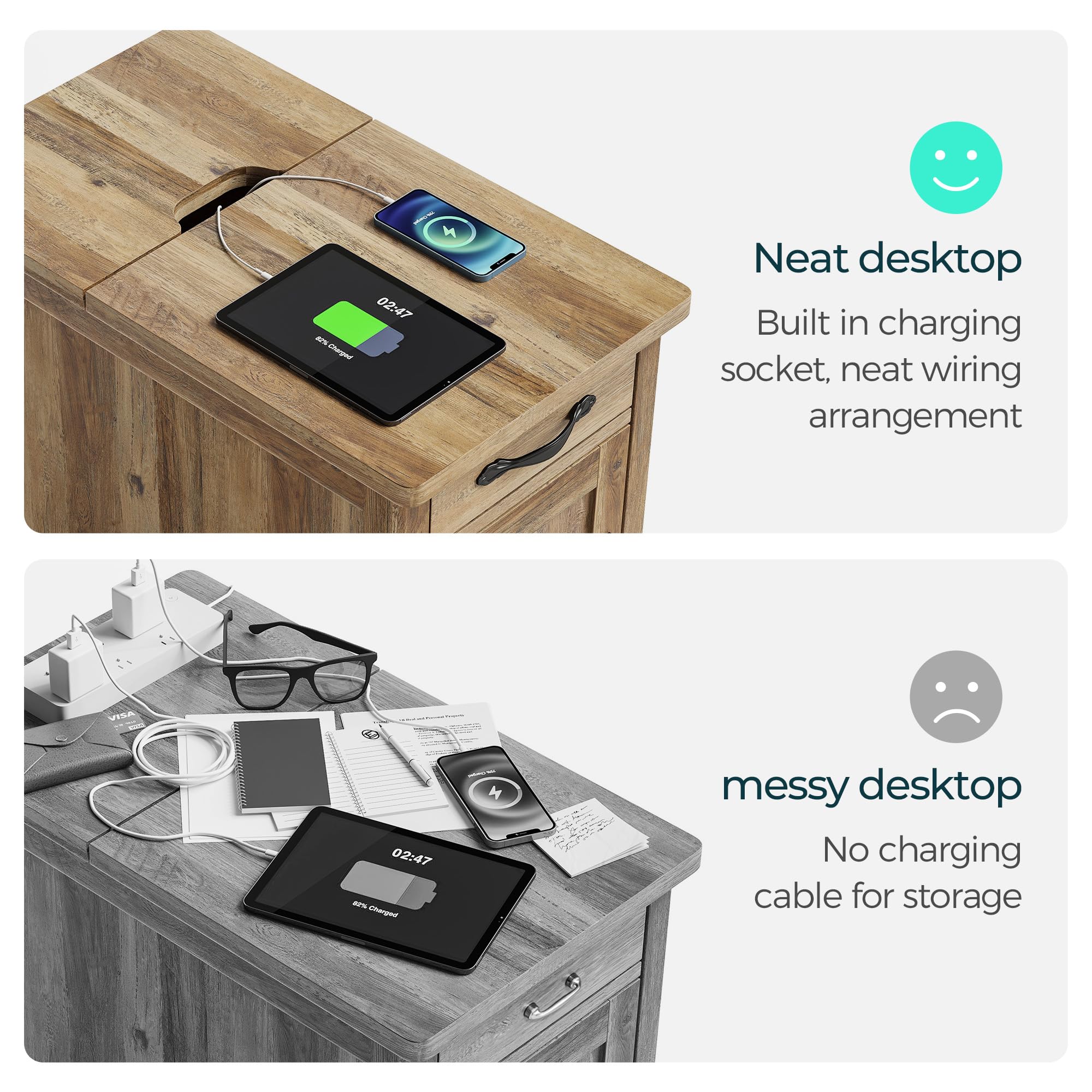 Farmhouse End Table with USB Charging Station - Narrow Side Table with Drawer & Storage Cabinet for Living Room, Bedroom, Home Office - Rustic Nightstand for Sofa, Couch or Office Desk - Perfect for Small Spaces & Device Charging