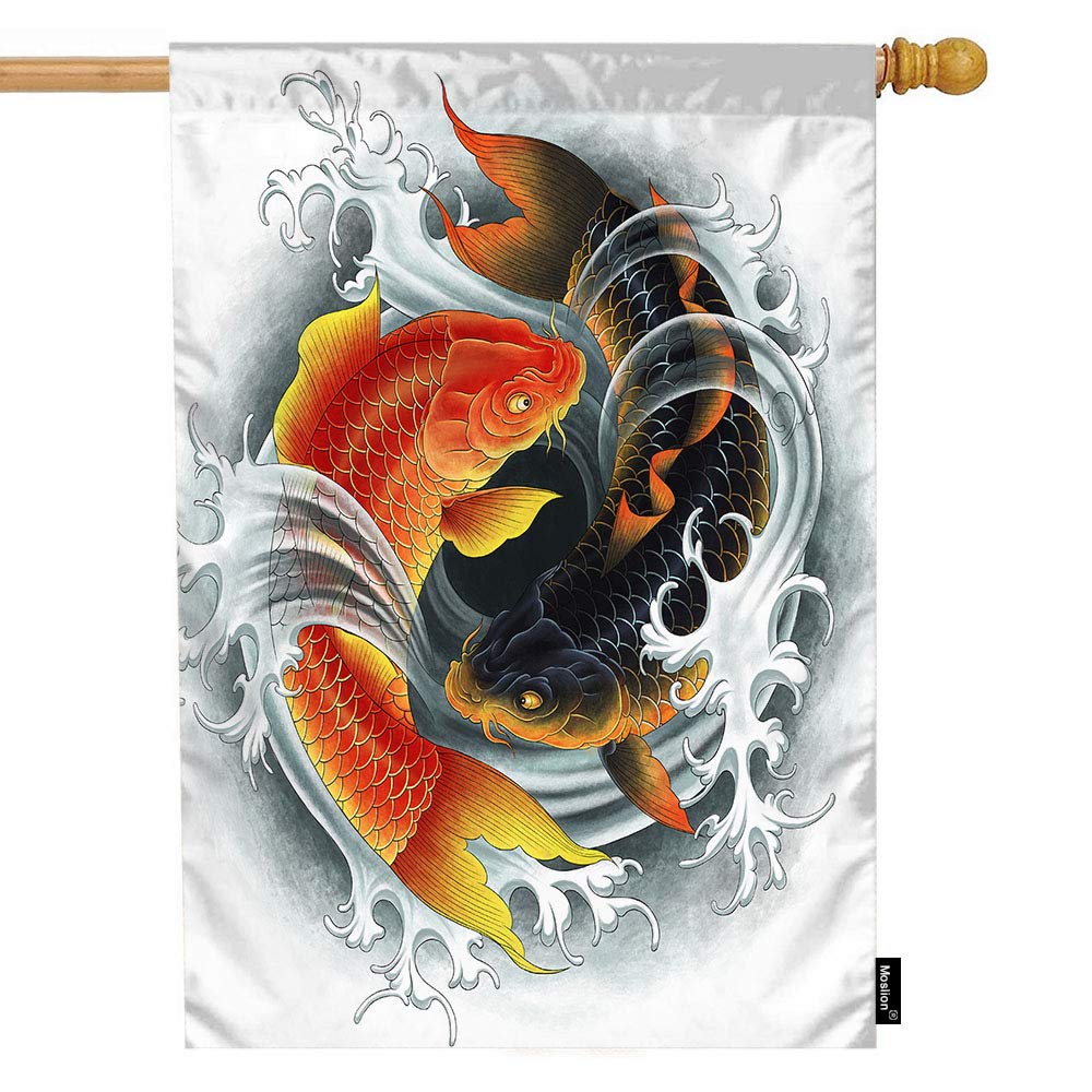 Double-Sided 28x40 Inch Black & Red Asian Carp House Flag - Traditional Lucky Tattoo Design, Cotton Linen Outdoor Decorative Flag for Summer, Patio, Garden & Home Decor