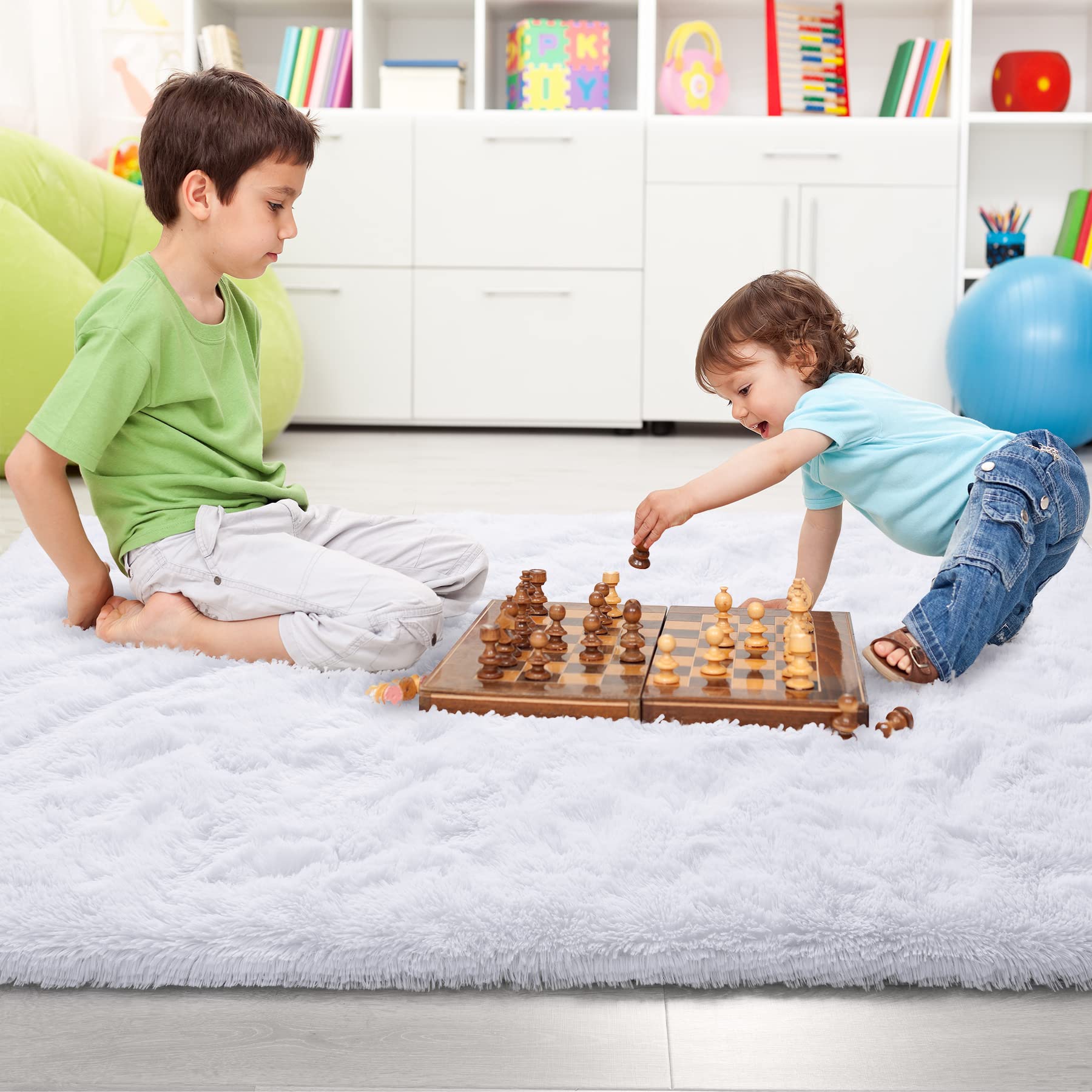 Noahas Fluffy Shaggy Rug 4x5.3 Feet - Ultra Soft Plush Fuzzy Bedroom Rug for Kids Room, Nursery, Living Room - Cozy Home Decor for Play Areas, Bedside & Relaxation Spaces - White