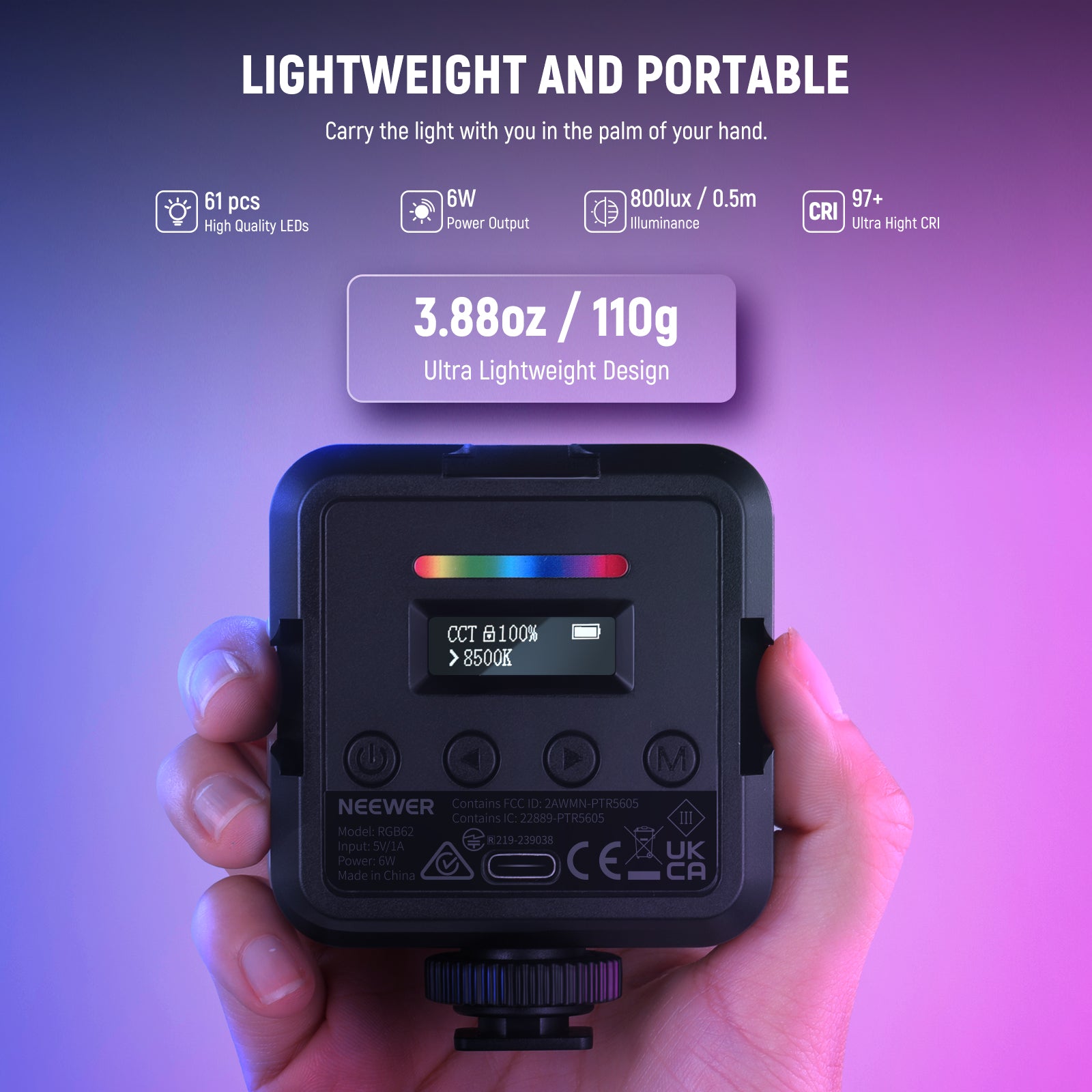 NEEWER RGB62 Magnetic RGB LED Video Light with App Control - Perfect for YouTube, TikTok, and Photography Lighting