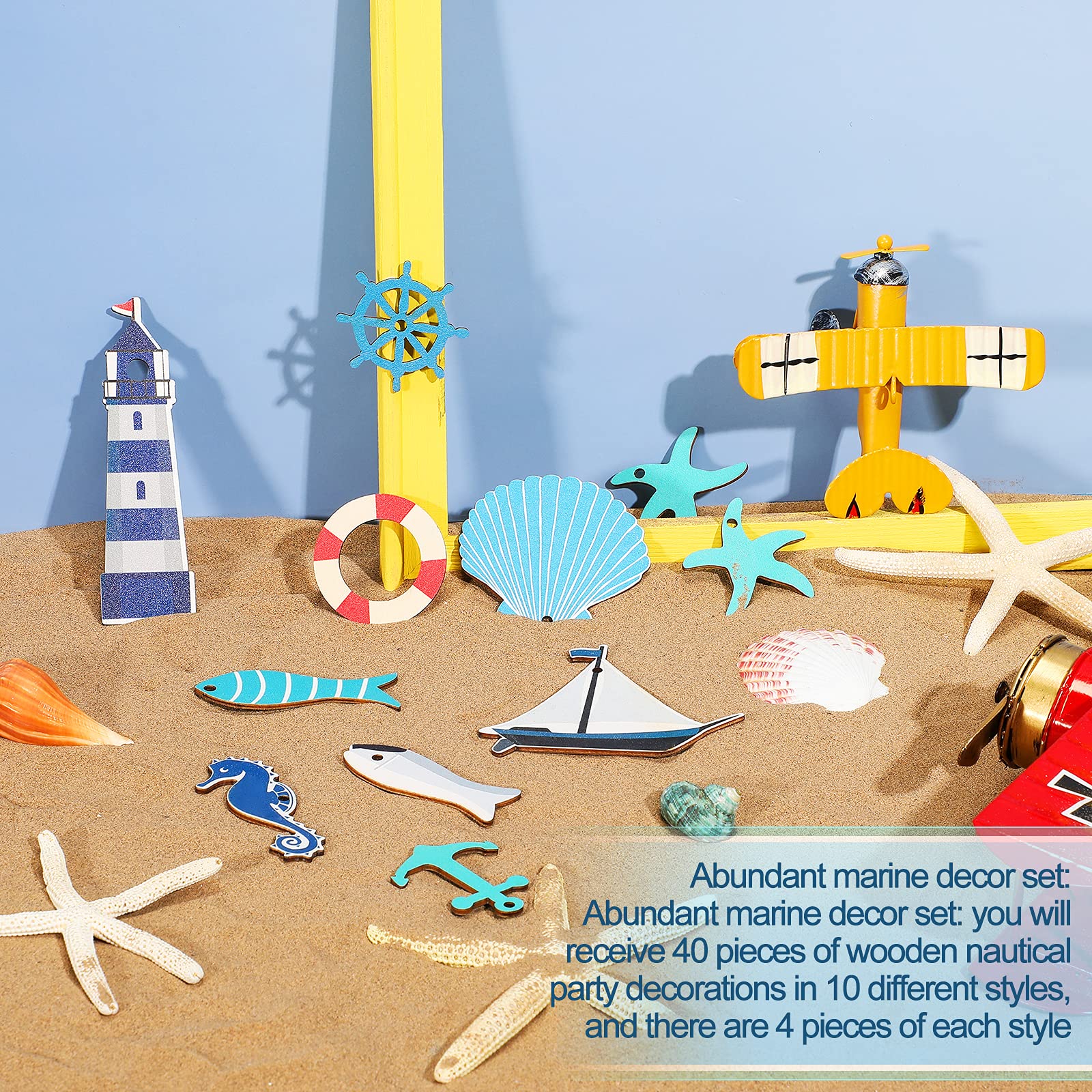 40-Piece Coastal Cruise Ship Miniature Beach Themed Wooden Decor Set - Anchors, Steering Wheels, Lighthouses, Starfish, Seashells, Seahorses & Sailboats - Perfect for Home Wall Decor, Crafts, Beach House & Nautical Themed Rooms