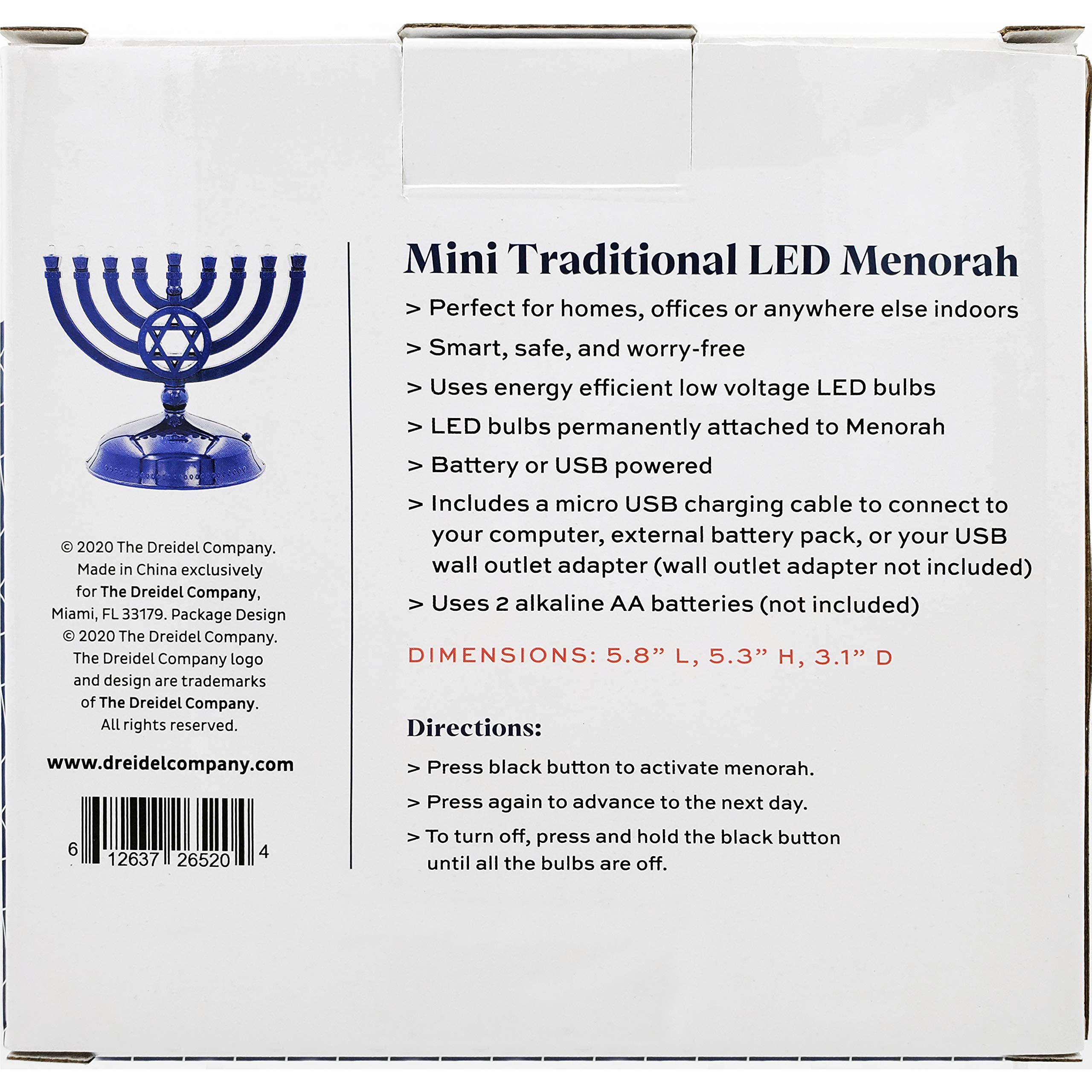 Mini Electric LED Menorah - USB & Battery Powered Hanukkah Travel Menorah with 4' Micro USB Cable (Blue) - Perfect for Home, Office & Holiday Decorations