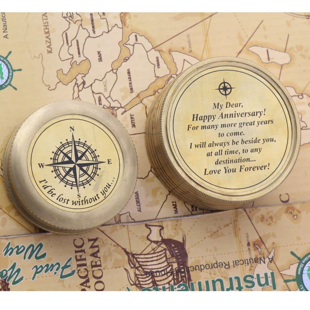 Engraved Brass Compass Gift for Husband - Romantic Bronze Keepsake for Men & Women - Personalized 5th 25th 50th Wedding Anniversary Present - Perfect for Outdoor Adventures & Travel Memories