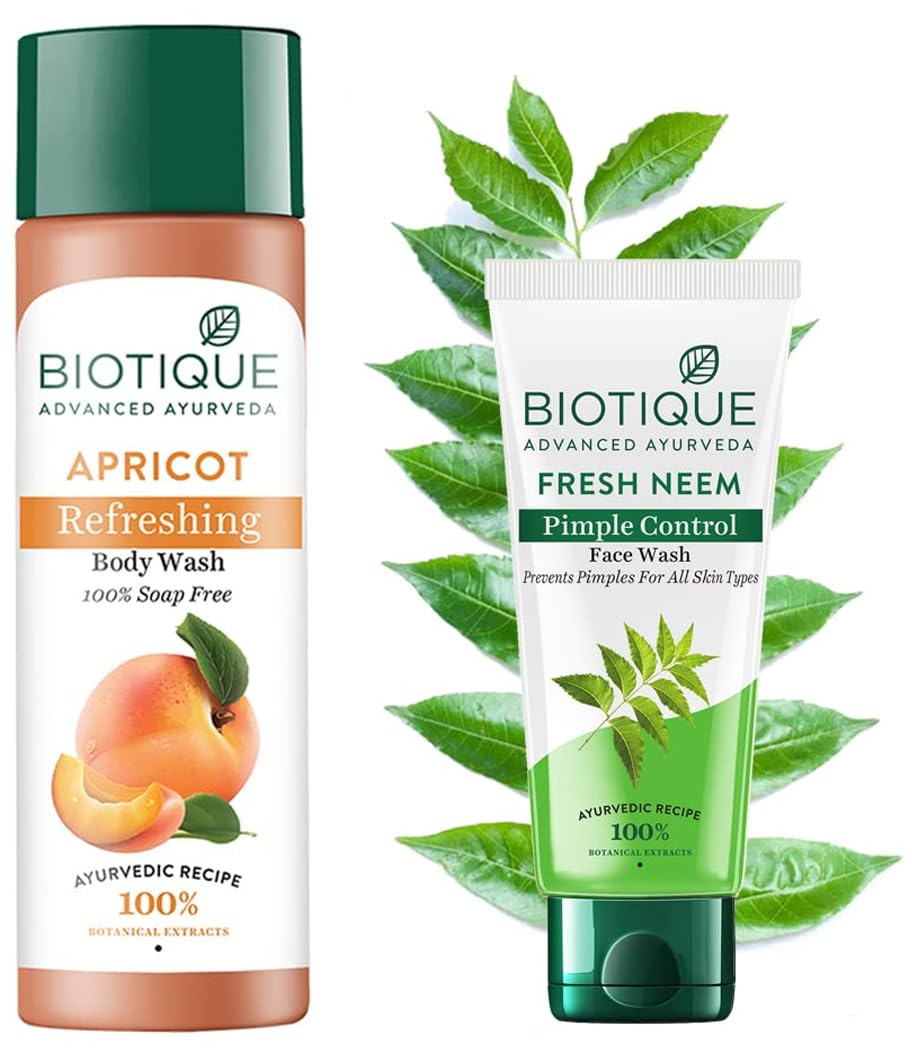 Biotique Bio Apricot Refreshing Body Wash 190ml & Bio Neem Purifying Face Wash 150ml - Natural Skincare for All Skin Types | Daily Cleansing & Hydration for Face & Body