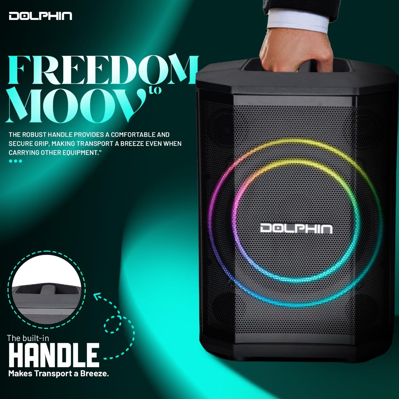 Dolphin Rechargeable Portable Bluetooth Speaker with 3D LED Ring Light, TWS Pairing, Wireless Mic & Multiple Playback Modes - Perfect for Parties, Karaoke, Outdoor Events & On-The-Go Entertainment