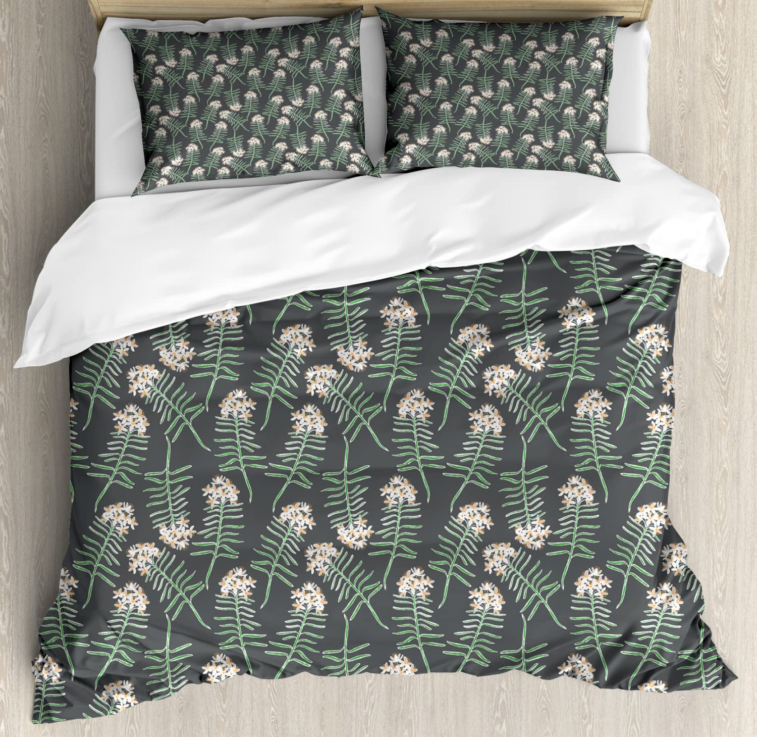 Ambesonne Apothecary Duvet Cover Set Queen Size - 2 Pack Grey Green Botanical Rosemary Leaves Design with 2 Duvet Covers & 4 Pillowcases for Bedroom Decor, Nature Inspired Gardening Theme Home Textiles