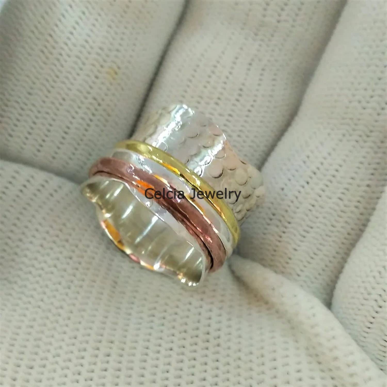925 Sterling Silver Spinning Band Ring for Anxiety Relief - Unisex Fidget Ring for Meditation & Stress Relief - Three-Tone Spinner Worry Ring - Perfect Mothers Day Gift (Size 7) - Ideal for Office, Travel & Daily Relaxation
