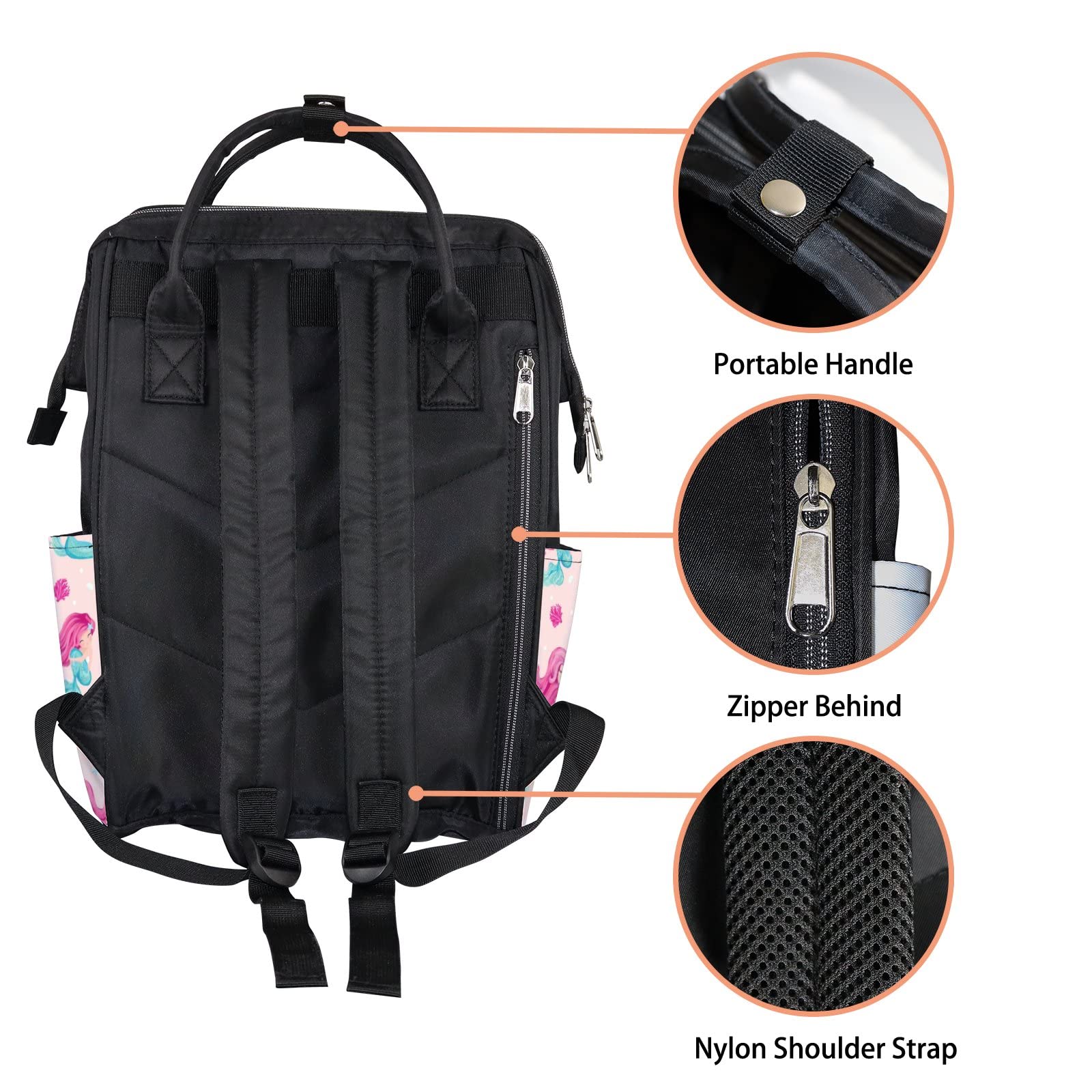 **Cute Pink Little Mermaid Diaper Backpack – Waterproof Baby Nappy Changing Bag with Large Capacity, Travel-Friendly Laptop Backpack for Women & Men – Perfect for Daycare, Beach Trips & Family Outings**