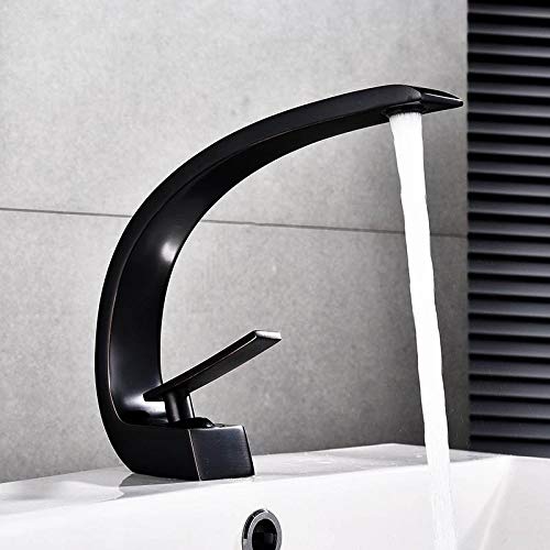 Modern Black Single Handle Bathroom Faucet - Copper Waterfall Deck Mount Sink Tap for Washbasin | Elegant Crane Design | Perfect for Contemporary Bathrooms, Powder Rooms & Vanity Makeovers
