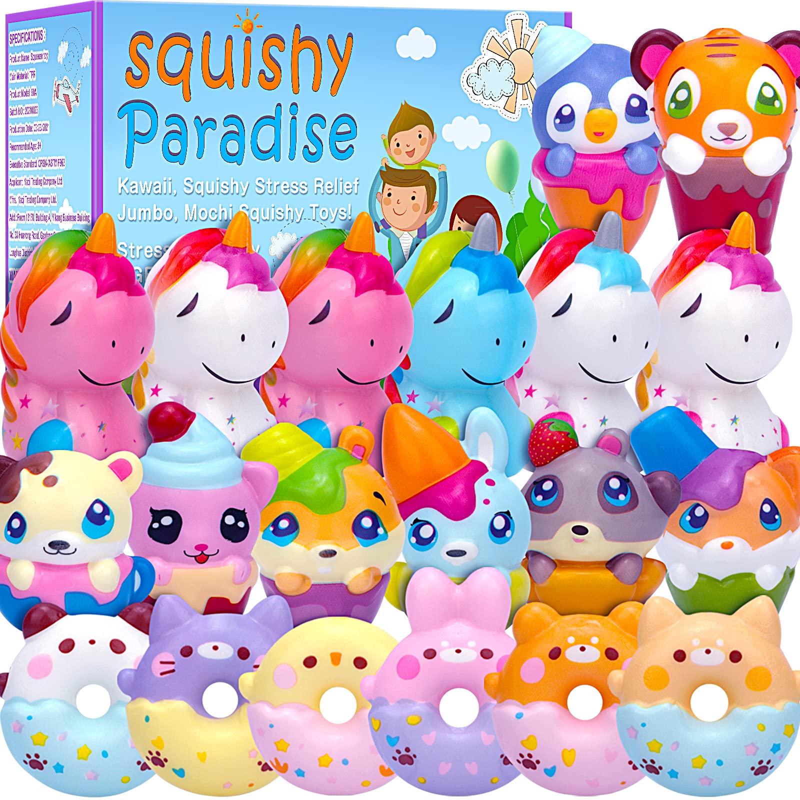 POKONBOY 20 Pack Jumbo Squishies Keychain - Cream Scented Slow Rising Squeeze Toys, Unicorn Donut Animal Stress Relief Toys for Kids, Easter Basket Stuffers & Birthday Party Favors for Boys Girls Age 3+ | Fun Sensory Toys for Stress Relief, Classroom Rewards & Travel Fidget Play