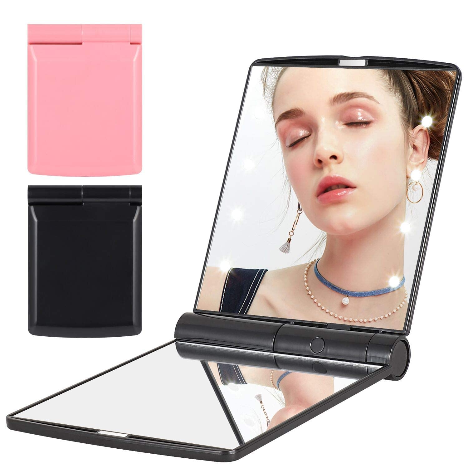 Portable Travel LED Makeup Mirror with 8 Color-Changing Lights - Compact Folding Cosmetic Mirror for Home, Office & On-the-Go Touch Ups