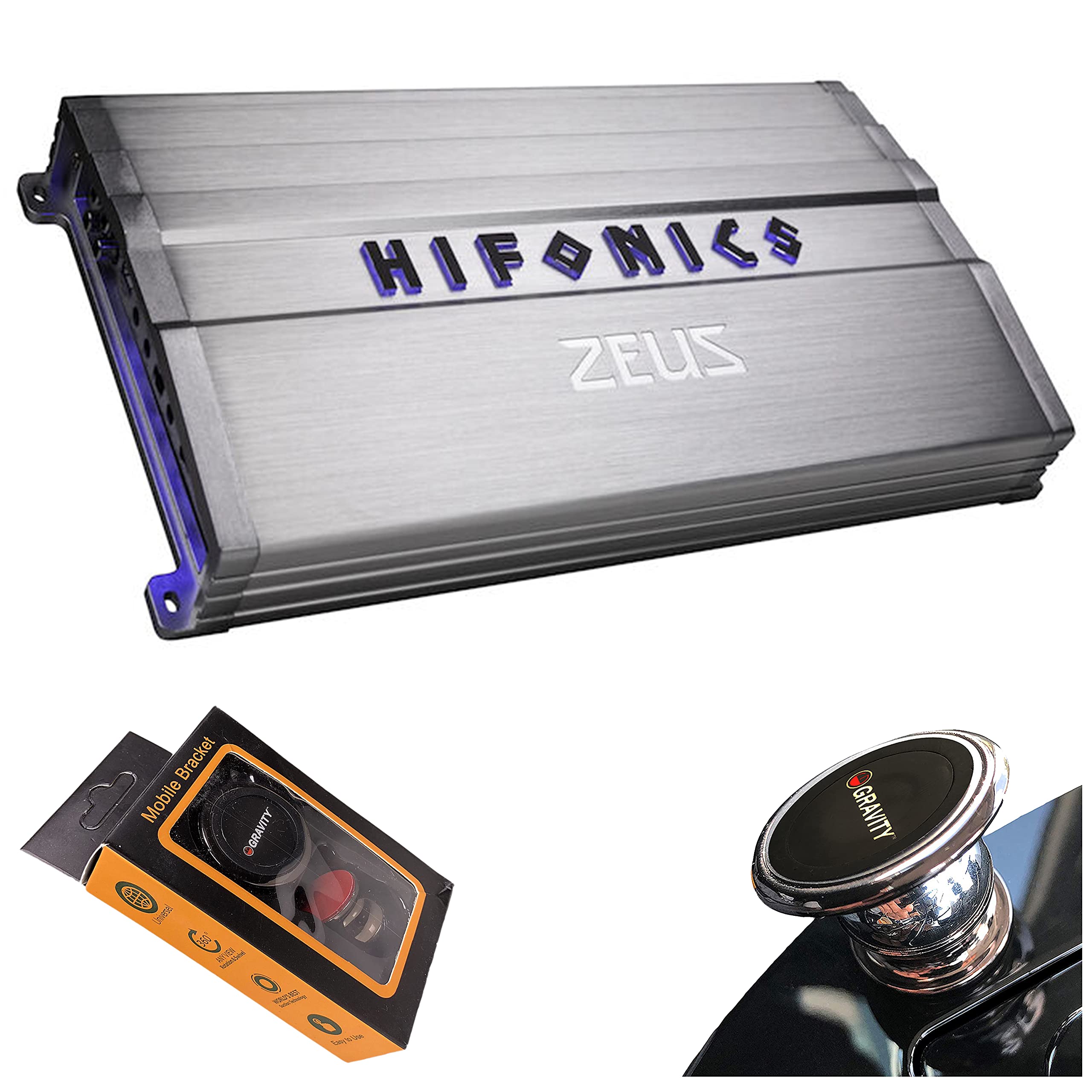 Hifonics ZG-3200.1D Zeus Gamma 3200W Monoblock Car Amplifier - 1 Channel Super D Class Subwoofer Amp with Gravity Magnet Phone Holder Bundle - Perfect for Car Audio Systems & Bass Enthusiasts