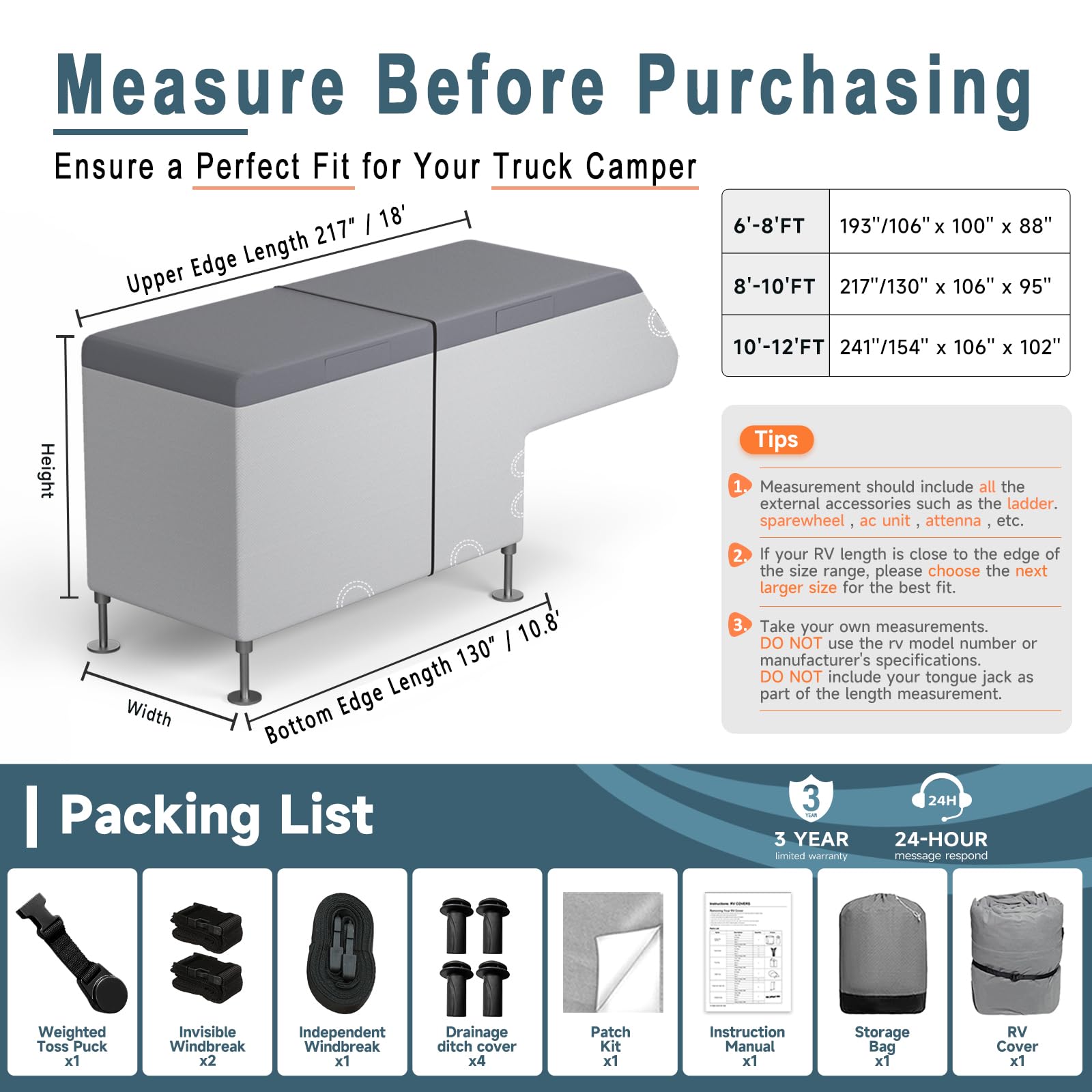 Umbrauto Truck Camper Cover - 7 Layer Heavy Duty RV Cover for 8-10FT Slide-in Campers | All Season Waterproof & Windproof Protection | Perfect for Winter Storage & Outdoor Camping Adventures