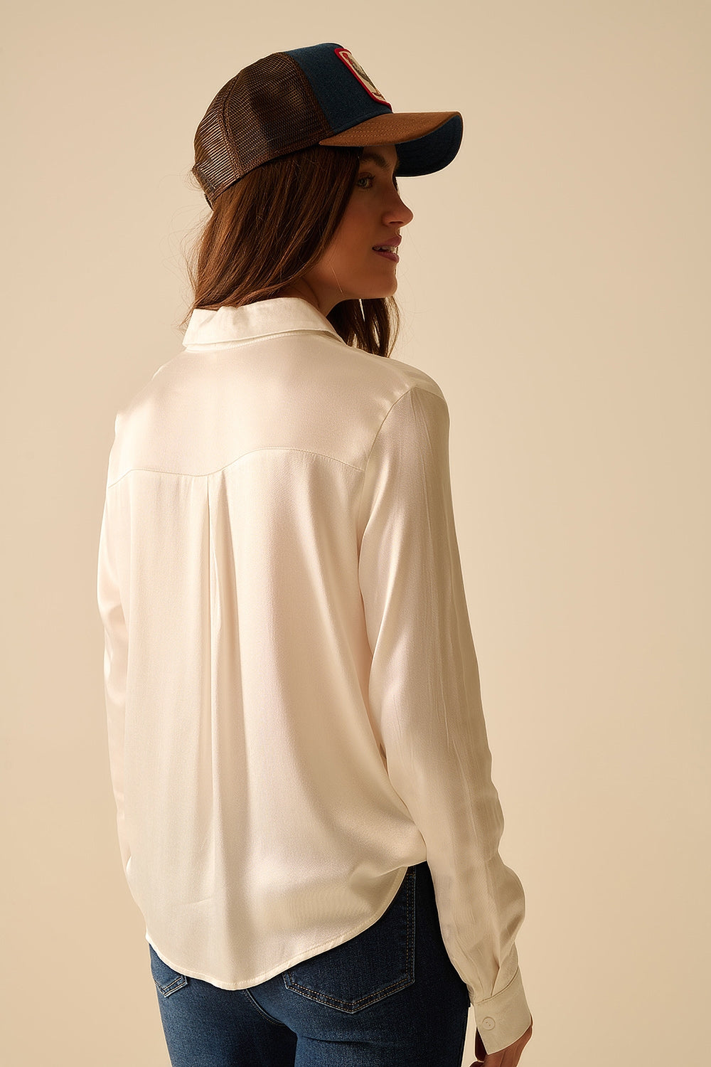 Women's Long Sleeve Satin Blouse with Polo Collar - White Elegance for Office Wear & Evening Events