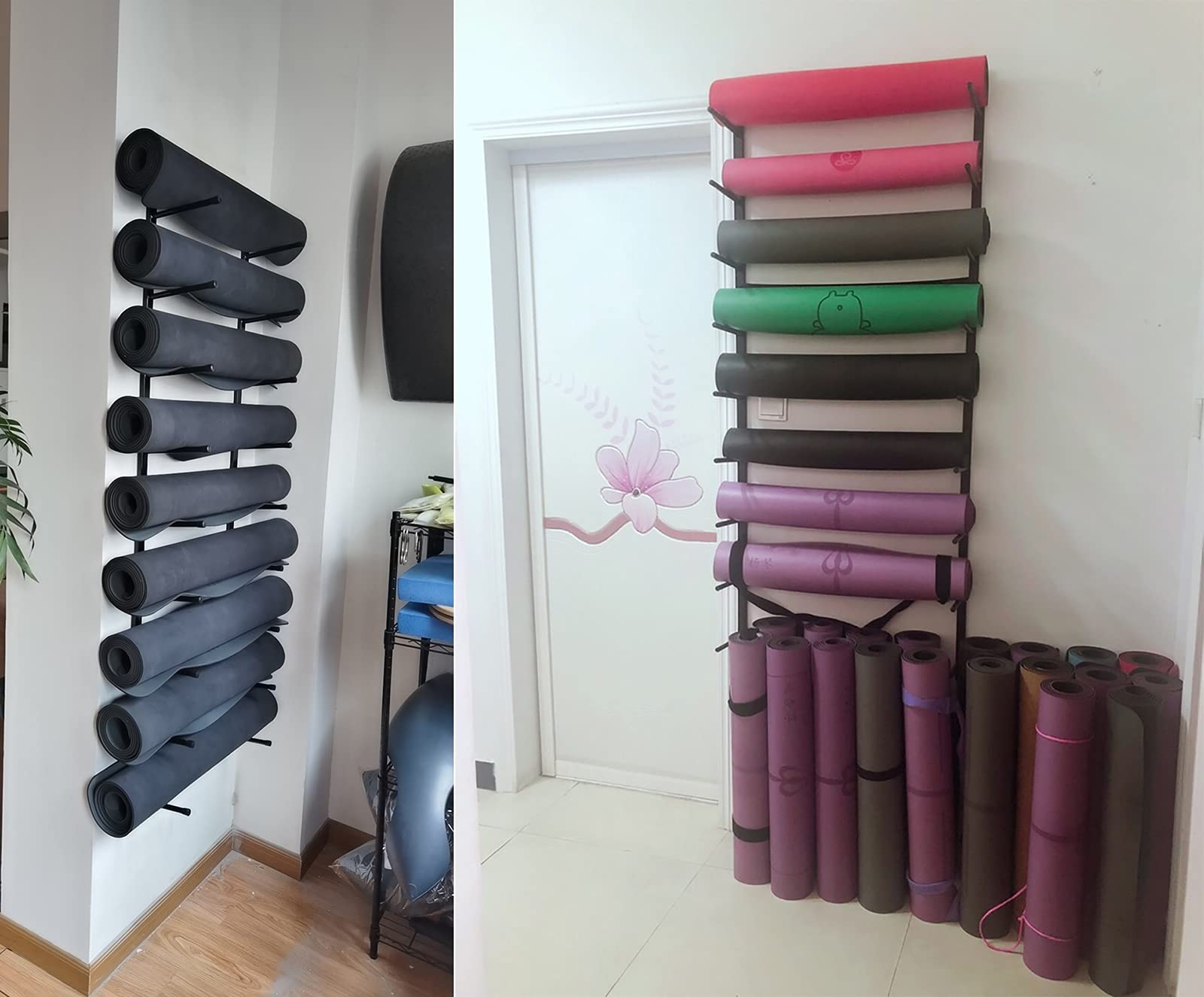 9-Tier Heavy Duty Metal Yoga Mat Rack Wall Mount - Large Capacity Foam Roller & Sports Equipment Storage Organizer for Home Gym (Black) - Perfect for Yoga Studios, Fitness Rooms & Closet Organization