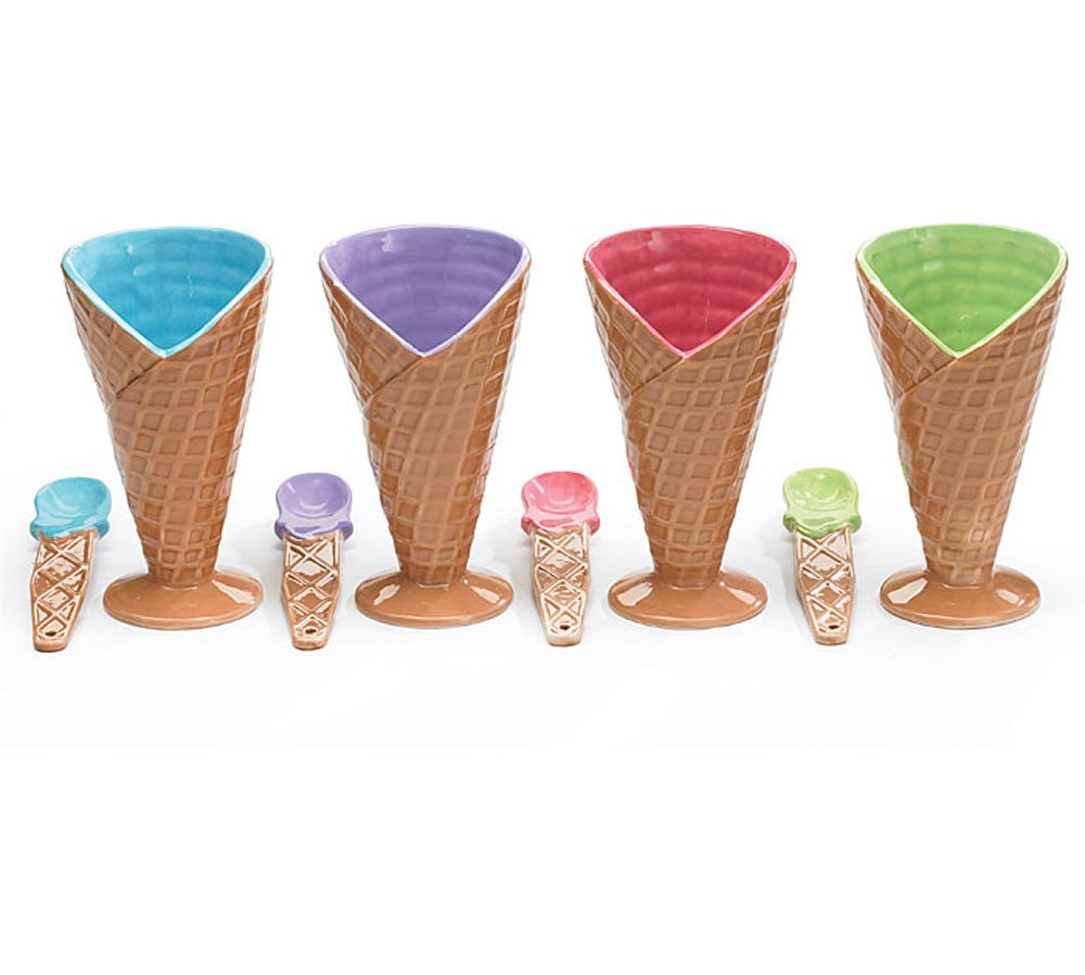4-Piece Large Ice Cream Cone Bowls Set with Spoons - Perfect for Sundaes, Desserts & Party Serving