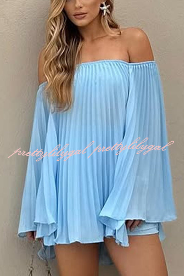 Off Shoulder Pleated Loose Top with Elastic Waist Shorts Set - Women's Summer Casual Outfit for Beach, Vacation & Date Night