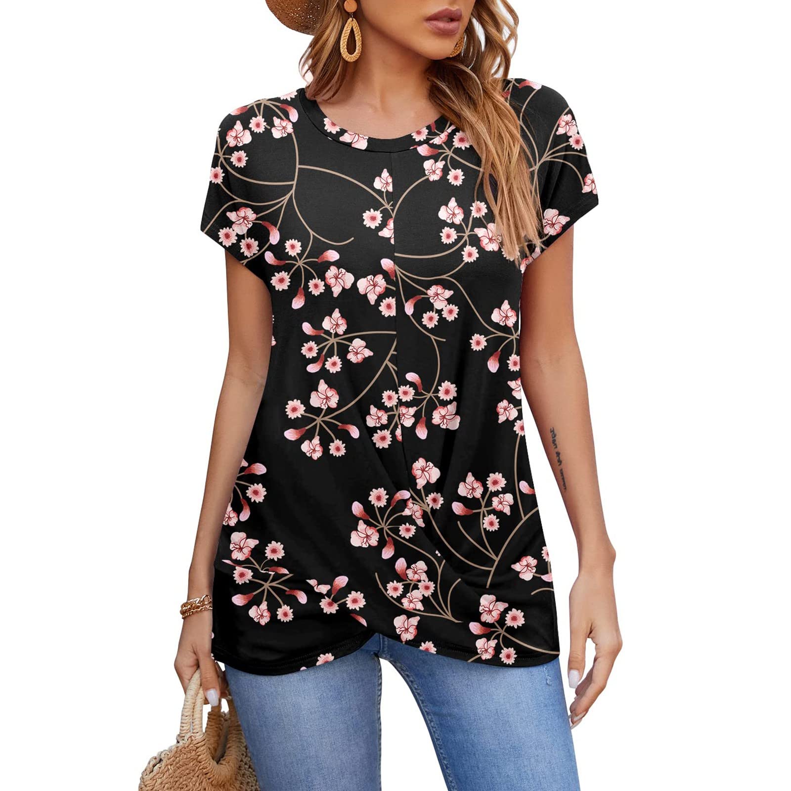 Women's Short Sleeve T-Shirt - Summer Casual Loose Tunic Top with Front Twist Detail, Basic Work Tee, Trendy Blouse for Women | Perfect for Office, Outings & Everyday Wear