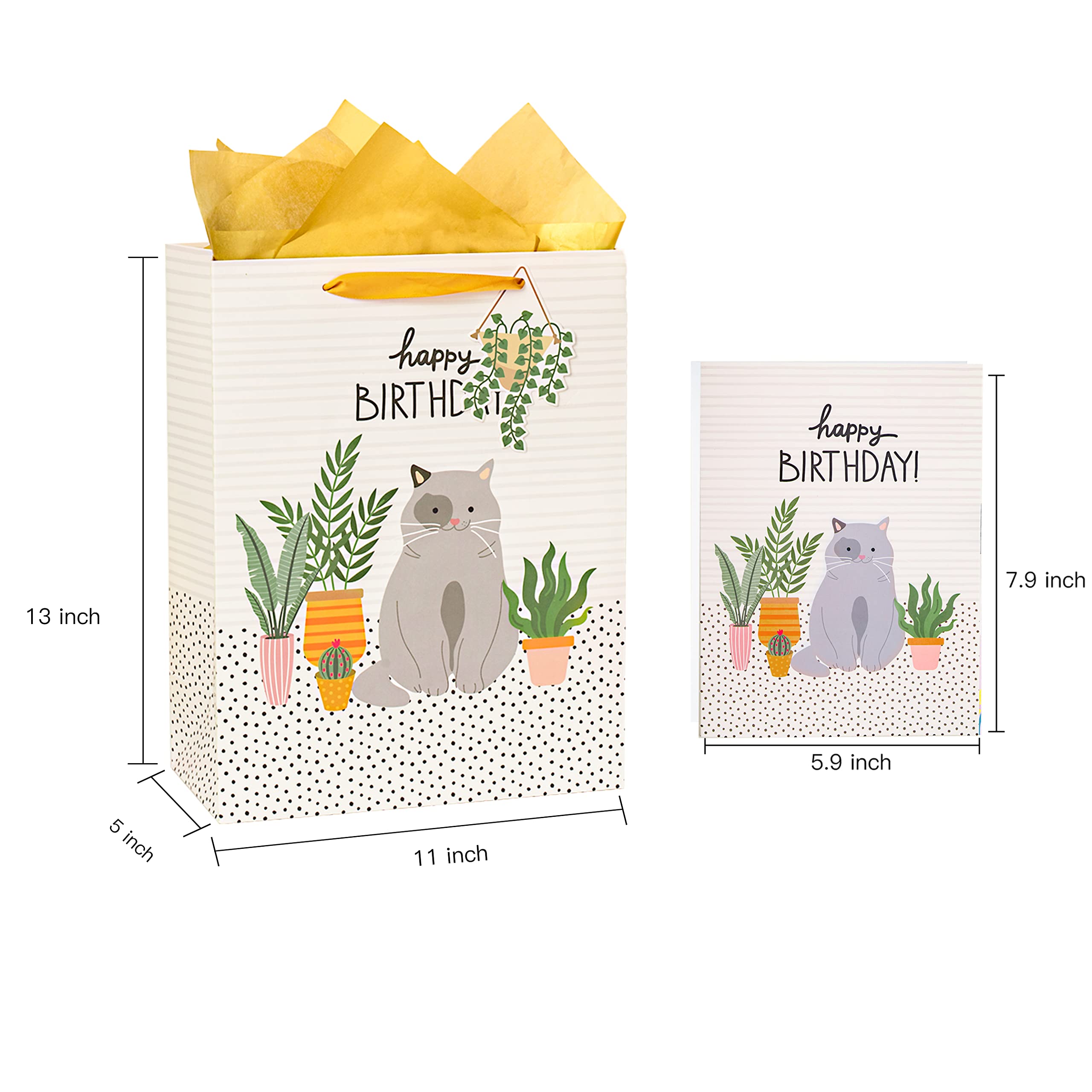 MAYPLUSS 13 Inch Large Gift Bags with Greeting Card & Tissue Paper - Birthday Party Favor Bags with Cute Cat & Green Plant Designs - Perfect for Birthday Gifts, Baby Showers & Special Occasions