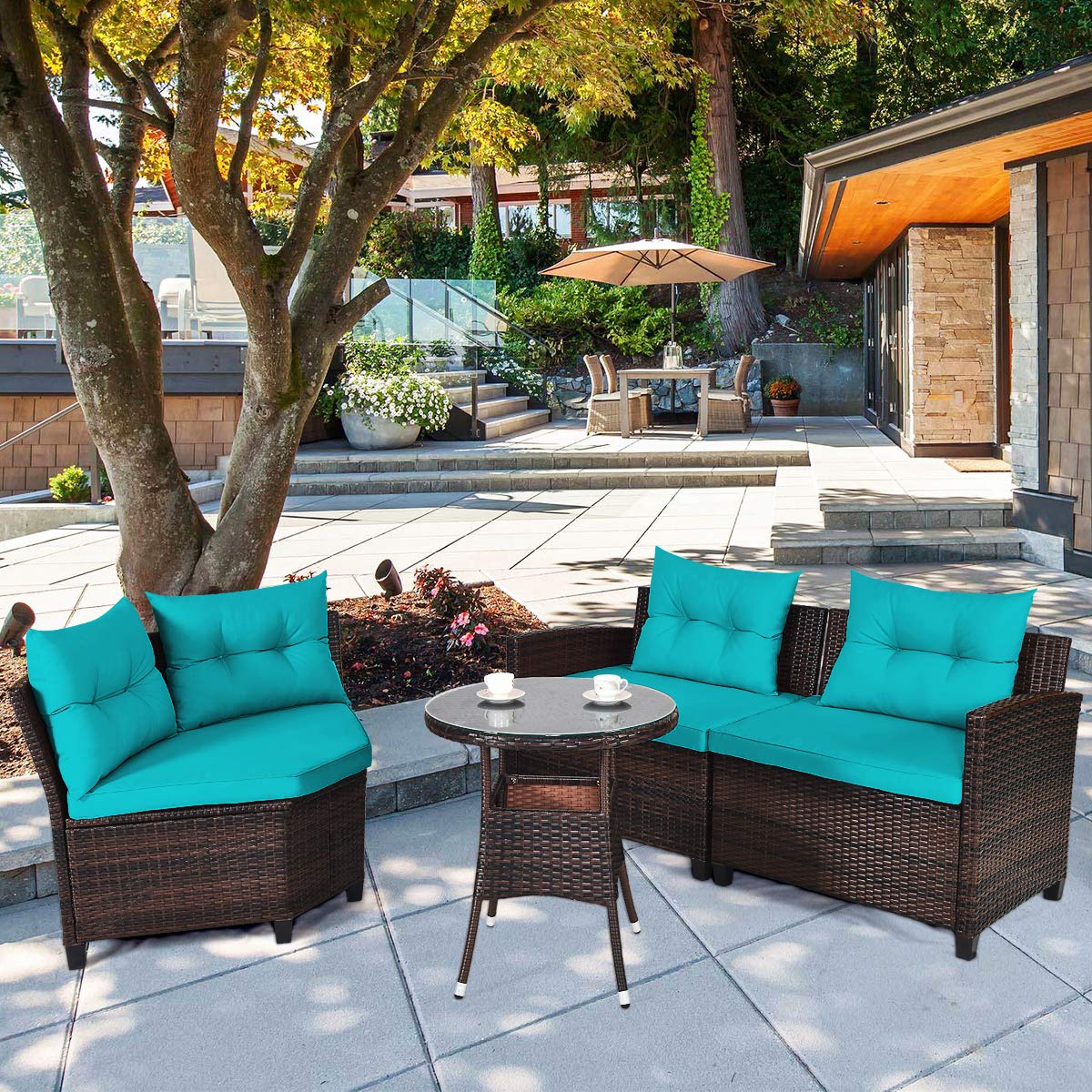 HAPPYGRILL 4-Piece Outdoor Patio Furniture Set - Rattan Wicker L-Shaped Sectional Sofa with Cushions & Coffee Table - Weather-Resistant Garden, Poolside, Balcony Conversation Set for Relaxing & Entertaining