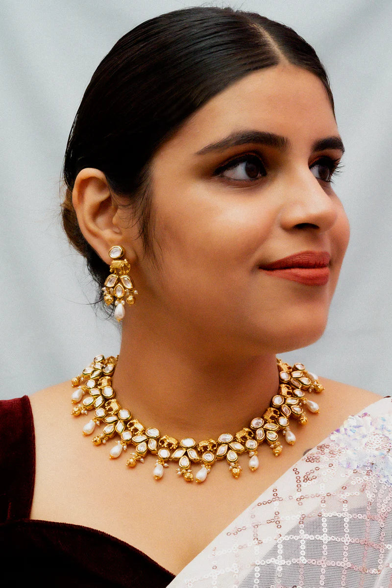 Royal Kundan Necklace and Earrings Set - 24K Gold Plated Designer Jewelry for Weddings, Parties & Special Occasions