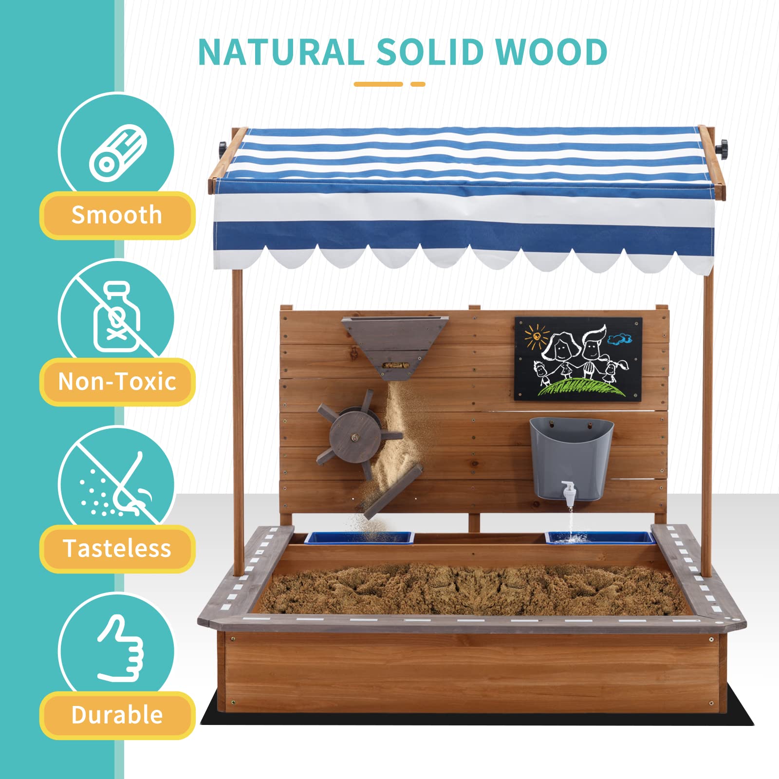 MOOITZ Large Wooden Sandbox with Adjustable Canopy Cover - Outdoor Sand Play Box for Kids, Backyard, Garden & Beach - Includes Sand Funnel & Drawing Board - Perfect for Patio, Playground & Outdoor Activities (Brown, 2023 Model)