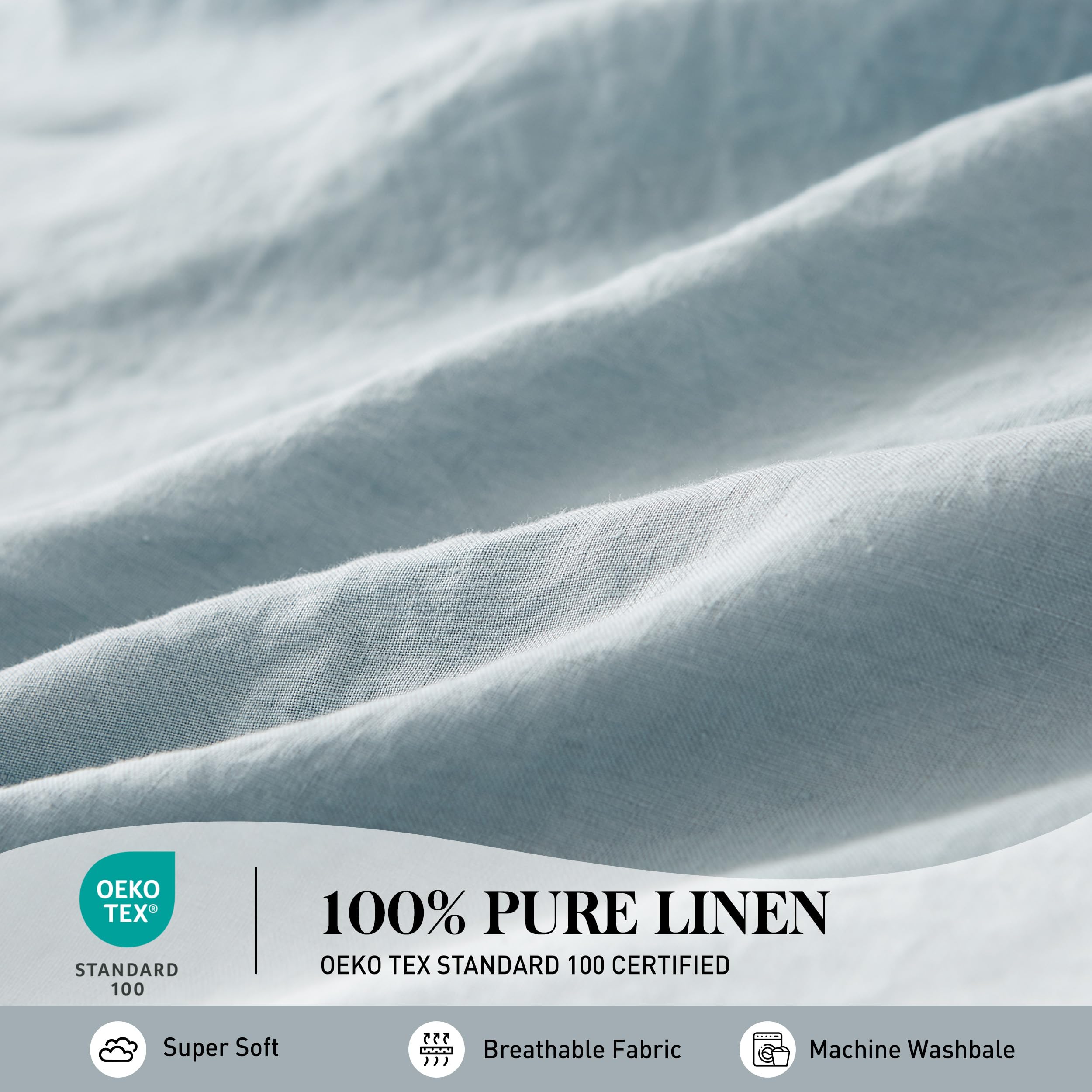 Luxury 100% Pure Linen Sheet Set King Size - Natural French Flax, Breathable Washed Bedding (4pc: 1 Flat Sheet, 1 Fitted Sheet, 2 Pillowcases) - Farmhouse Style, Dusty Blue Embroidery | Perfect for Hot Sleepers, Summer Nights & Eco-Friendly Home Decor