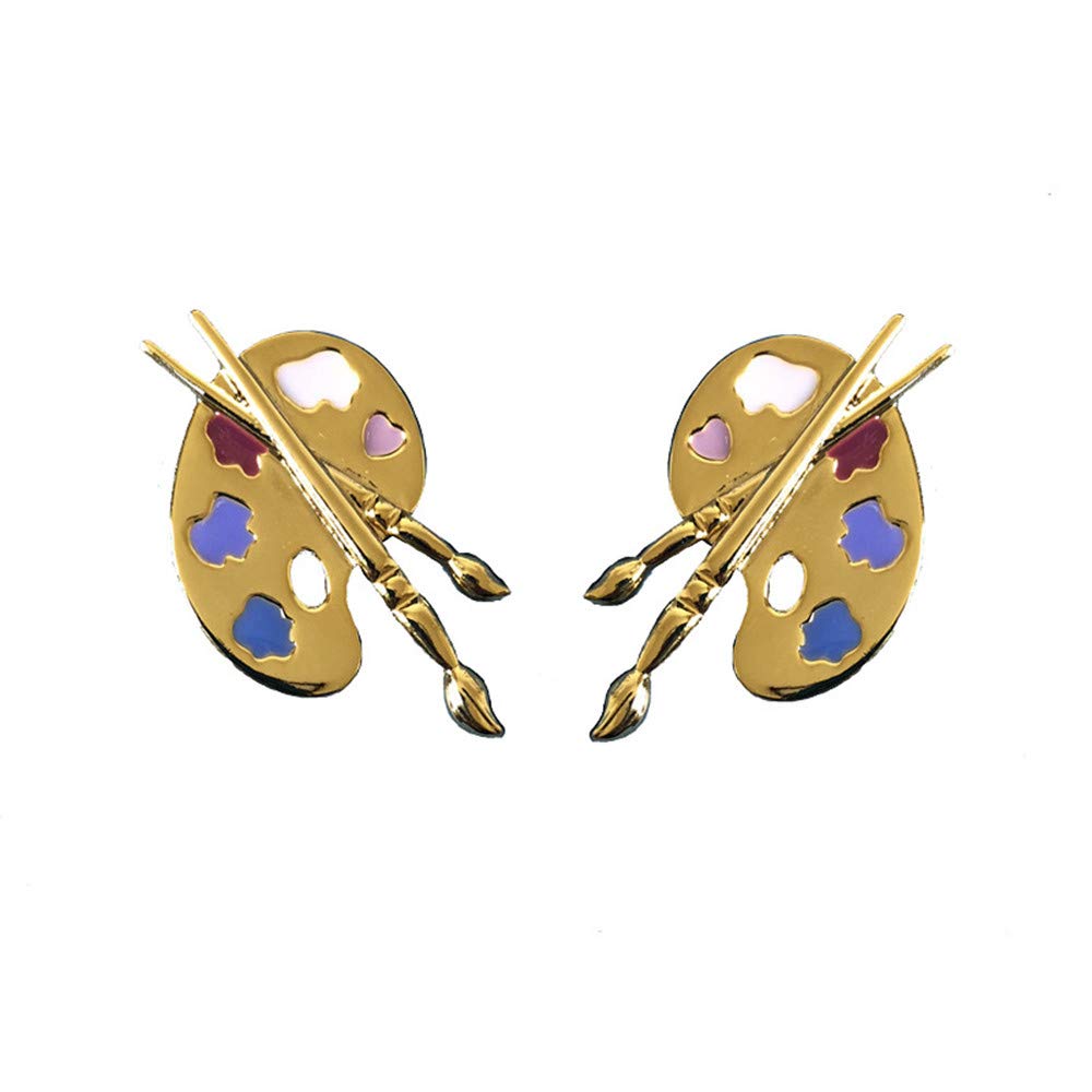 Gold Plated Colorful Paint Palette & Brush Stud Dangle Earrings - Artist Jewelry for Painters & Art Lovers - Perfect for Art Classes, Studio Wear & Creative Gift Giving