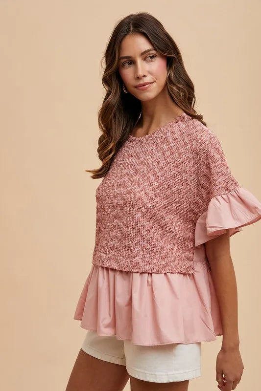 Rose Ruffle Textured Knit Top for Women - Elegant Feminine Blouse for Casual Wear, Date Night & Office Outfits | Soft Comfortable Knitwear for Spring & Fall Seasons