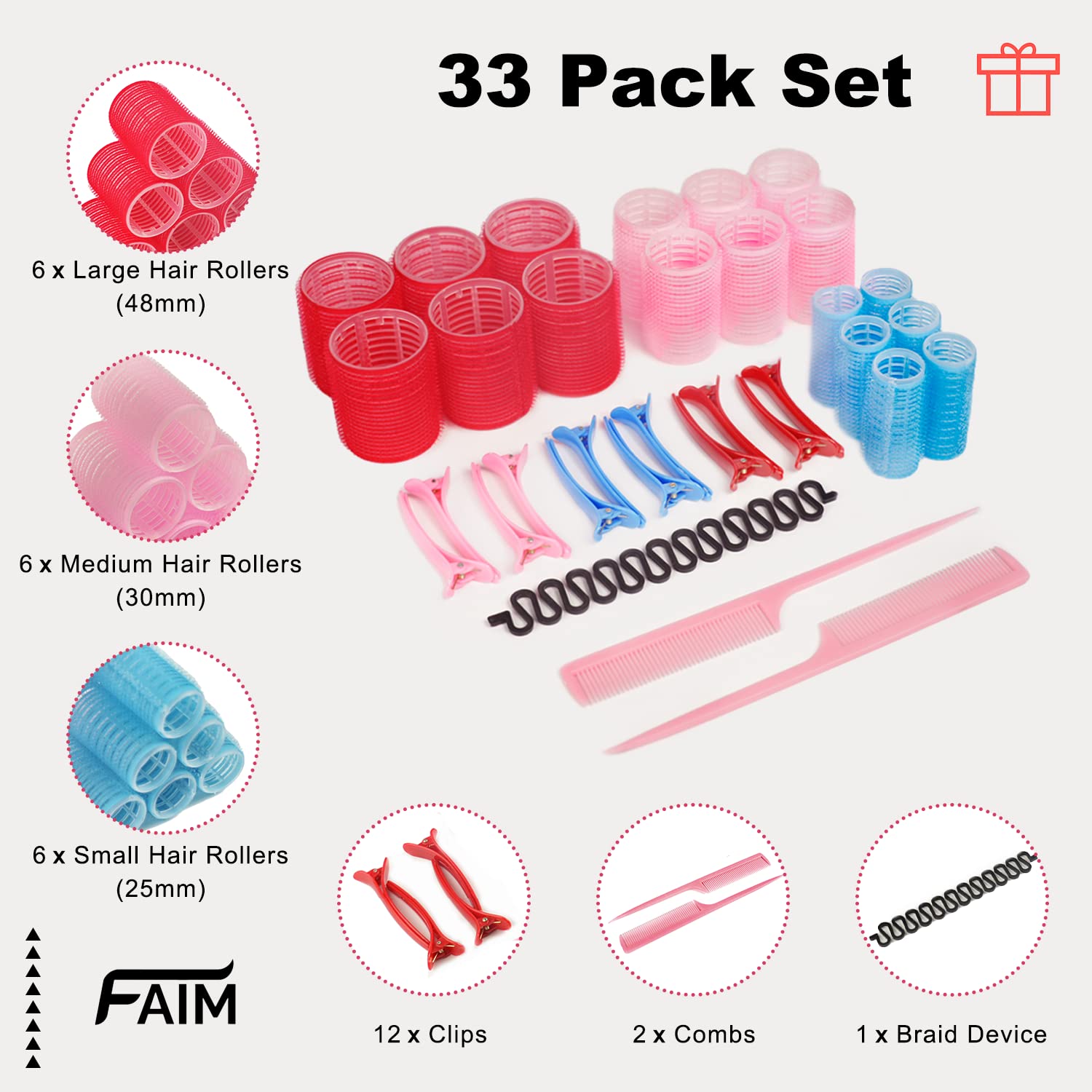 Faim Beauty 33 Pcs Hair Rollers Set with Clips - 18 Velcro Rollers (48mm, 36mm, 25mm) for Volume, 12 Hair Clips, 2 Combs & 1 Braid Tool - Perfect for Short Hair Styling at Home or Salon
