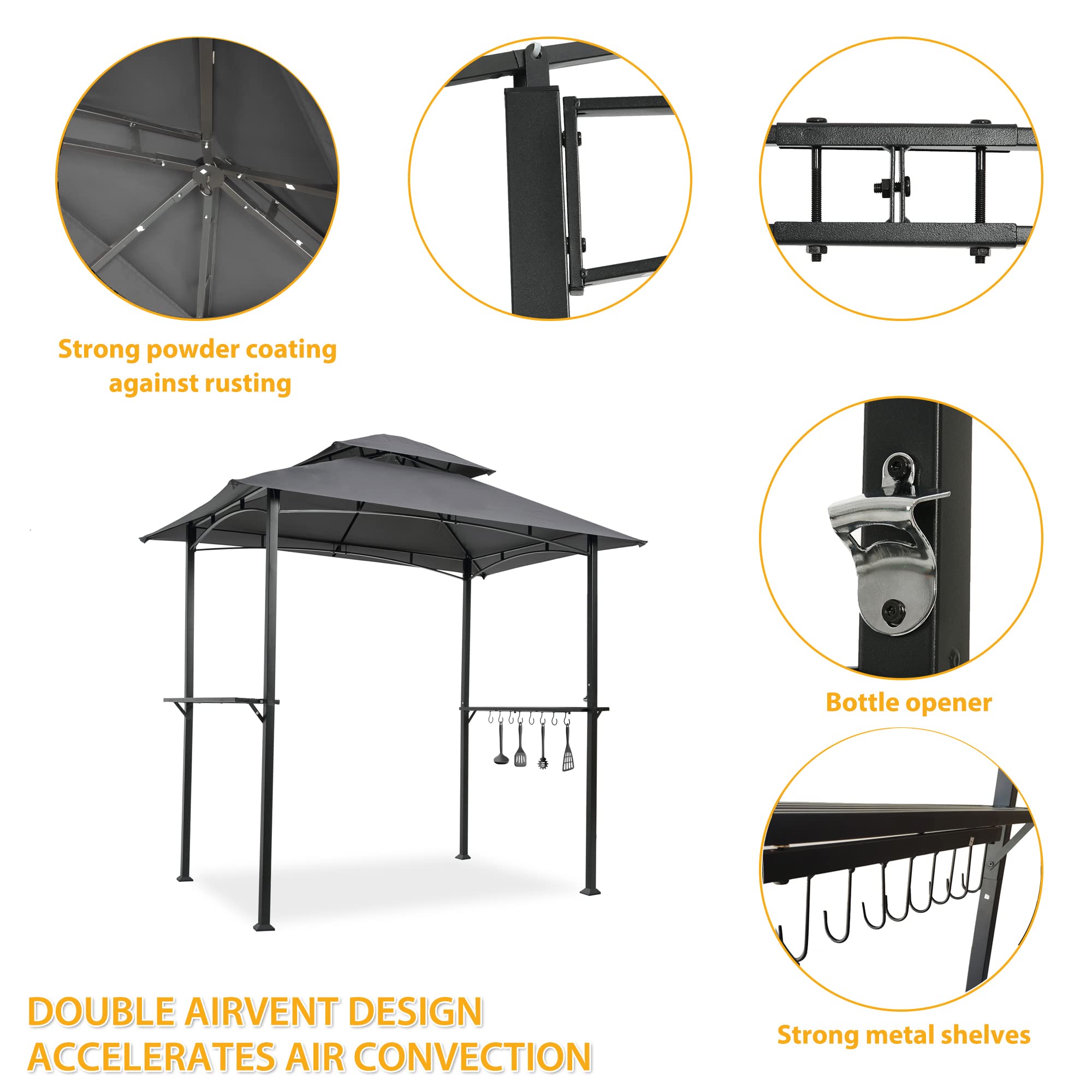 8x5 Ft Heavy Duty Grill Gazebo - Double Tiered Outdoor BBQ Canopy with 2 Side Shelves, Hooks & Bottle Opener - Weather Resistant BBQ Shelter for Patio, Garden, Beach, Backyard & Picnic - Perfect for Summer Cookouts & Outdoor Entertaining (Gray)