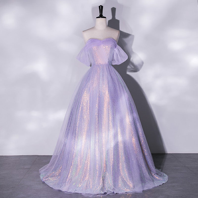 Lilac Off Shoulder A-Line Shiny Prom Dress for Women - Elegant Formal Party Gown with Sparkle Details | Perfect for Homecoming, Evening Galas & Special Occasions