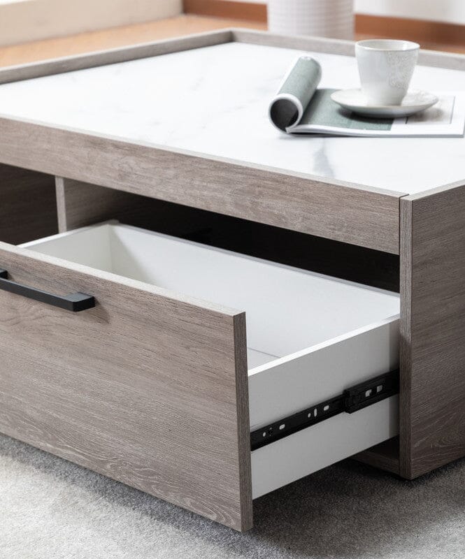 Apollo Gray Oak Coffee Table with Faux Marble Top and Drawer - Modern Living Room Furniture for Small Spaces, Home Decor Centerpiece