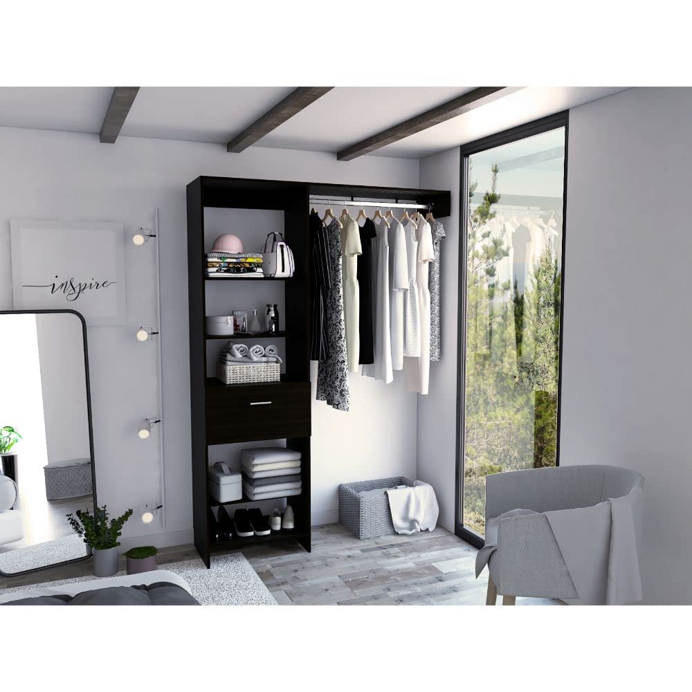 Dynamic 150 Closet Organizer System with 5 Open Shelves, 1 Drawer & Metal Clothes Rod - Black - Perfect for Bedroom, Walk-in Closet or Small Space Organization