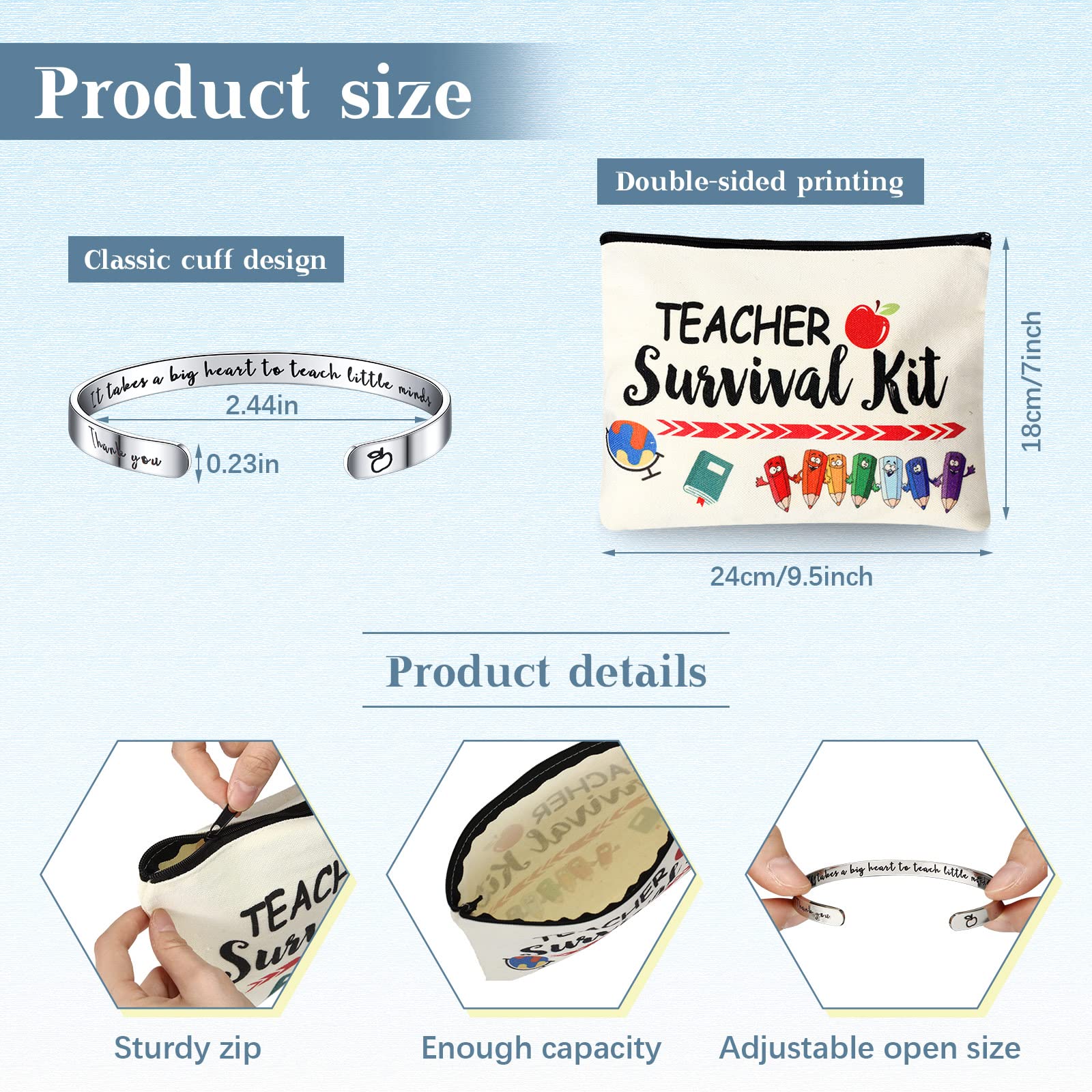8-Piece Valentine's Teacher Appreciation Gift Set for Women - 4 Cosmetic Makeup Bags & 4 Cuff Bangle Bracelets - Perfect Graduation, End of Year Thank You Gifts for Teachers, Educators, and Mentors - Ideal for Classroom Celebrations, Teacher's Day, and Retirement Parties