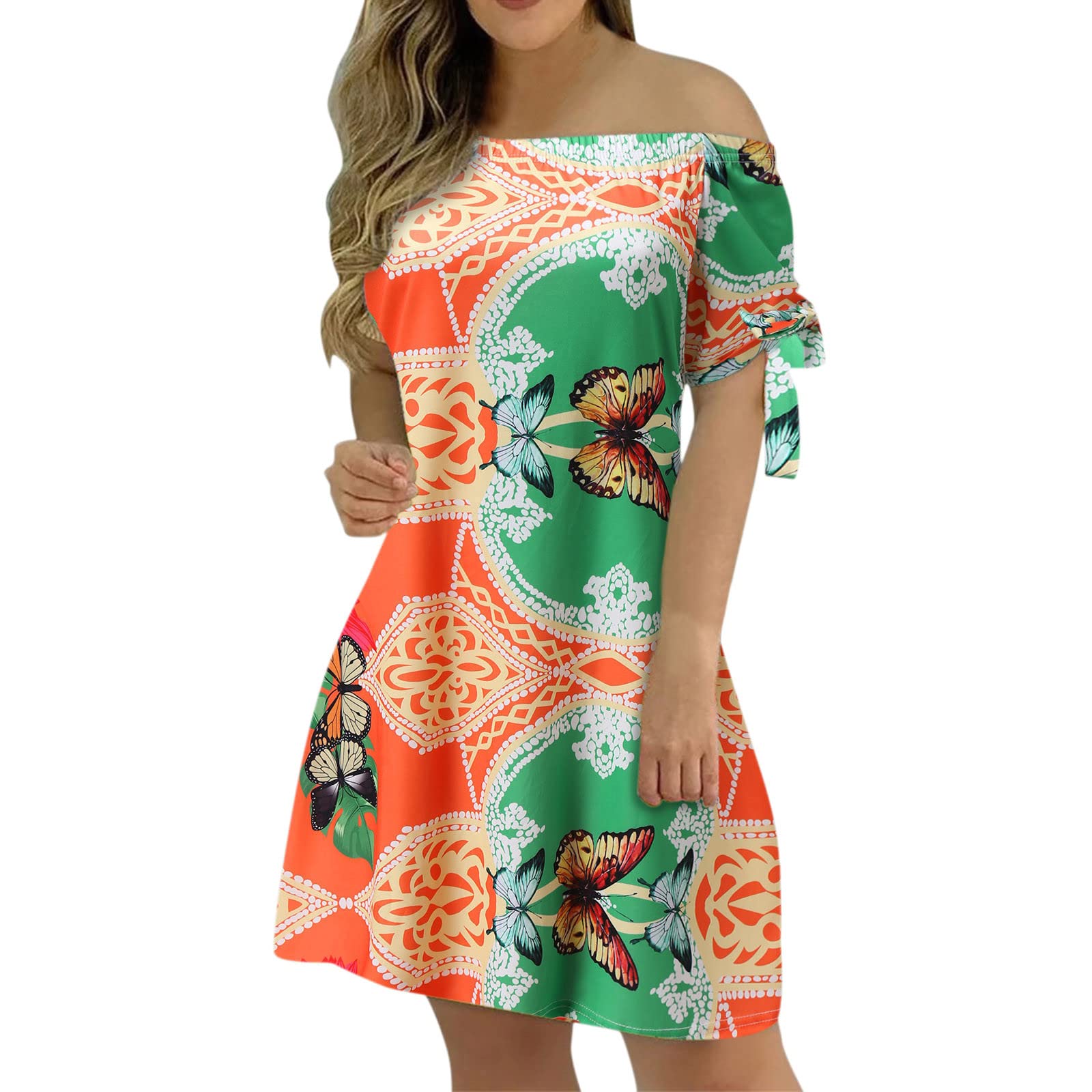 BRADEM Women's Summer Beach Dress - Casual Off Shoulder Floral Print Elegant Dress for Office Work, Vacation & Party Wear