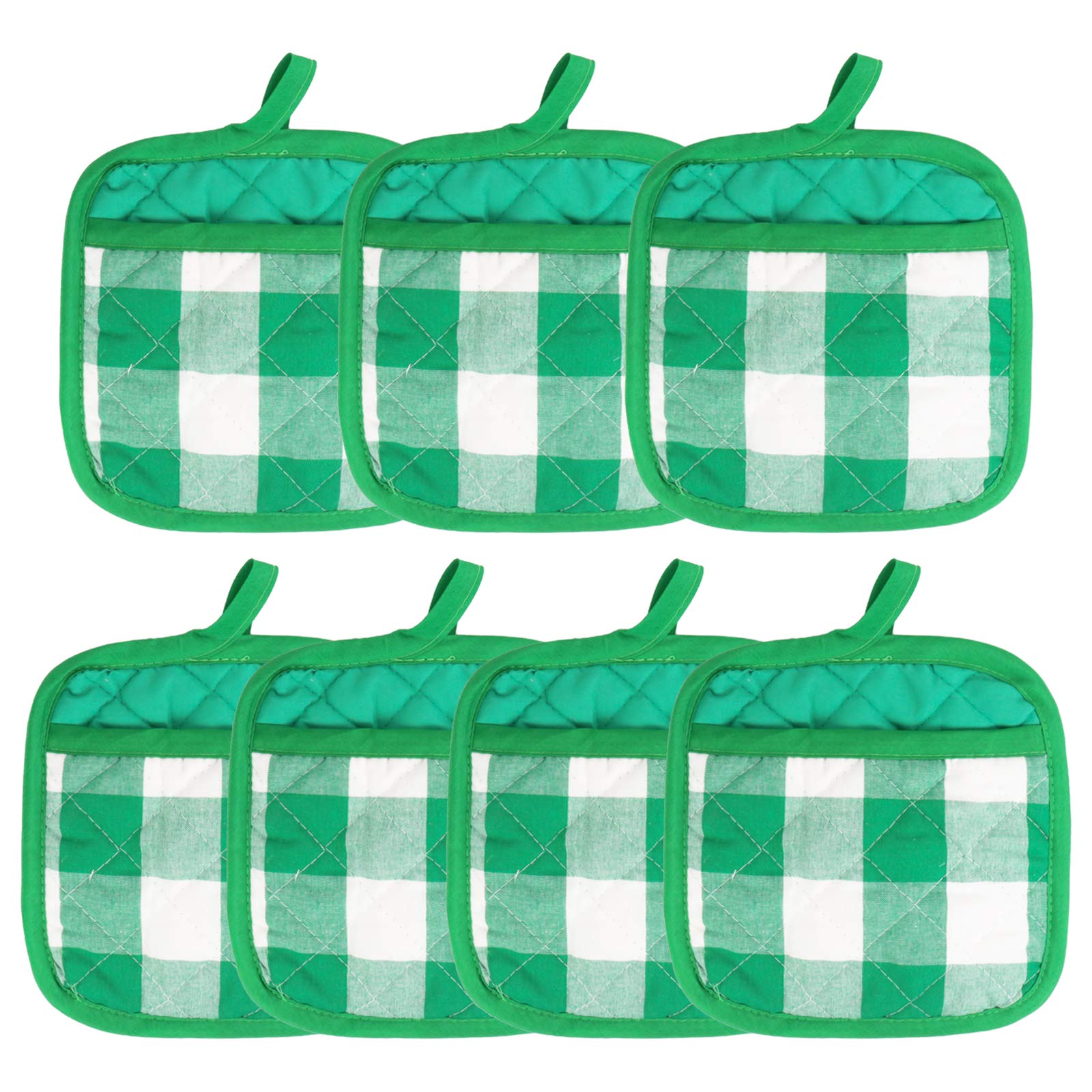 HaiMay 7-Piece Buffalo Check Plaid Oven Mitts Set - Heat Resistant Kitchen Pot Holders with Pocket, Machine Washable Cotton Lattice Green & White (7.6 x 7.6 Inches) - Perfect for Baking, Cooking & Grilling