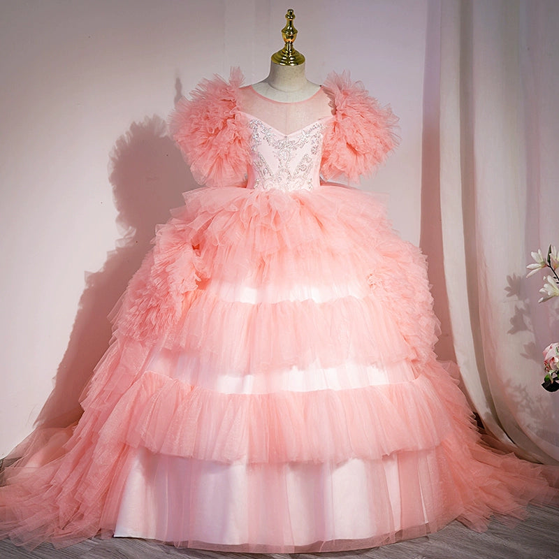 Pink Princess Round Floor Length Satin Flower Girl Dress for Weddings, Birthday Parties & Special Occasions