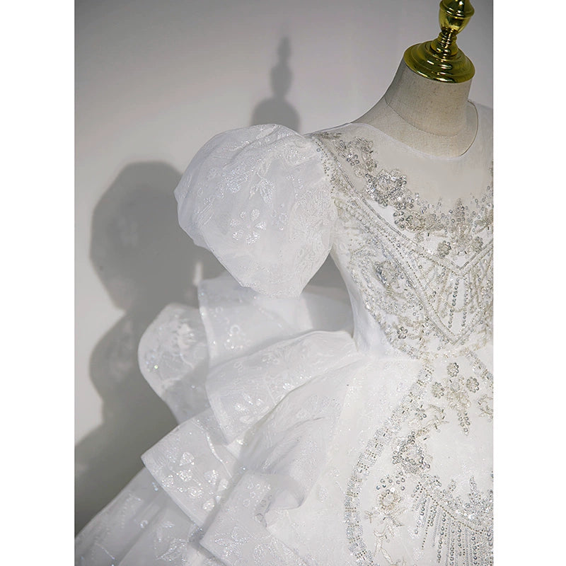 Sparkling White Princess Round Floor Length Sequined Flower Girl Dress for Weddings, Pageants & Special Occasions