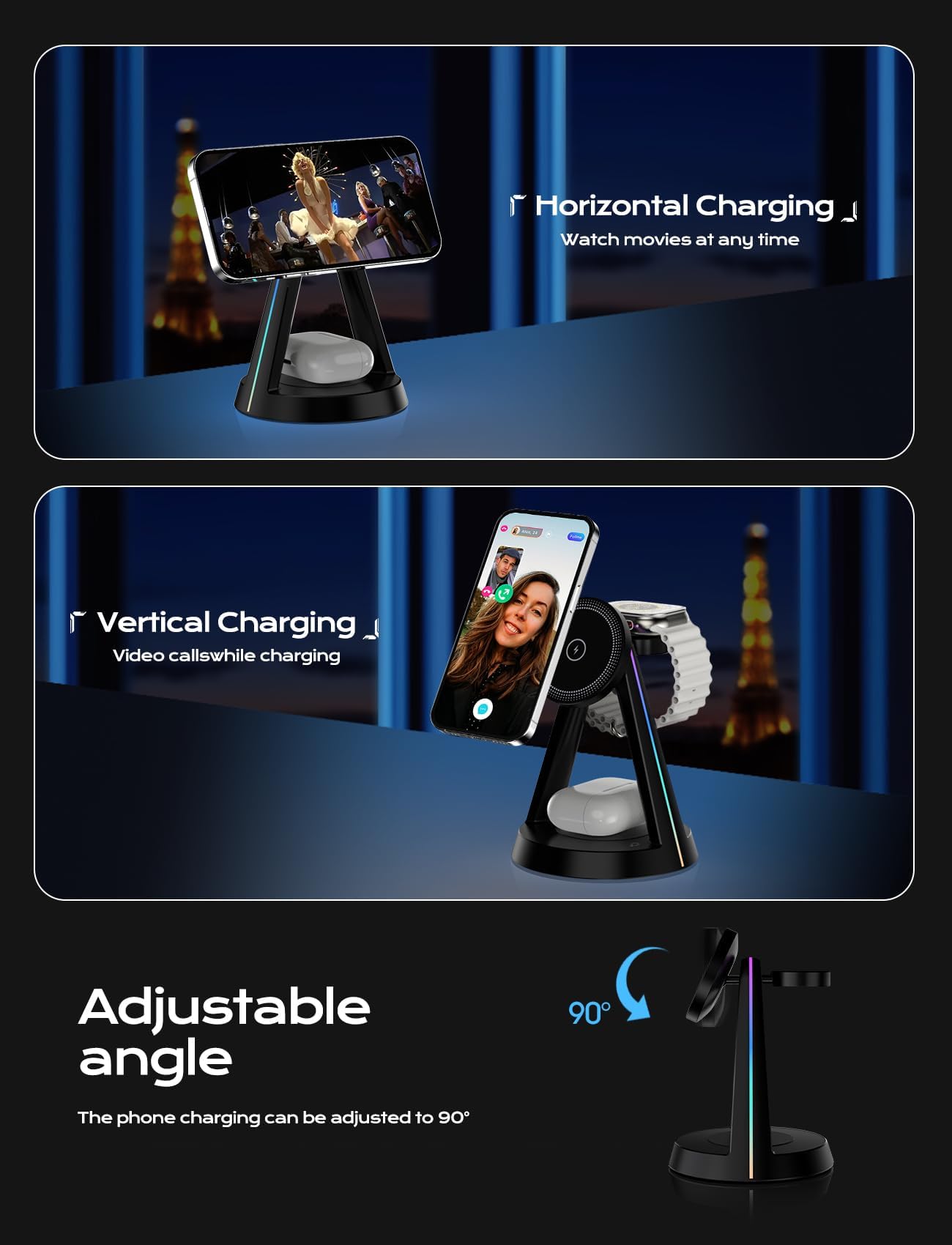 DGPLUS Magnetic 3-in-1 Wireless Charging Station with RGB Lights - Fast Charger for iPhone 16/15/14/13/12 Series, Apple Watch 9/8/7/SE, AirPods Pro - Multi-Device Charging Stand with MagSafe for Bedroom, Office & Travel