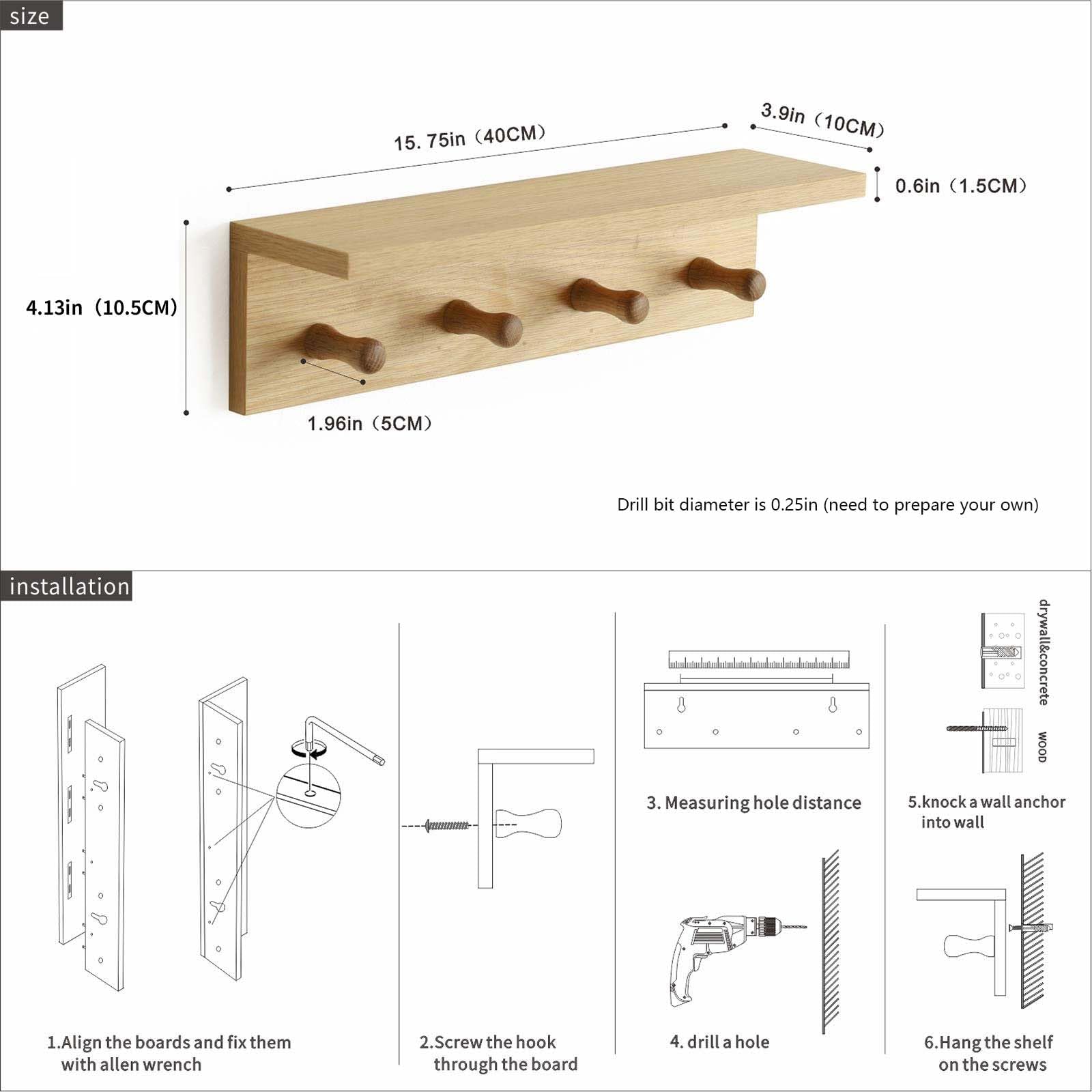 Oak Wall Mounted Coat Rack with Hooks & Shelves - Space Saving Entryway Organizer for Hats, Jackets & Keys | Perfect for Hallway, Mudroom or Bedroom Decor