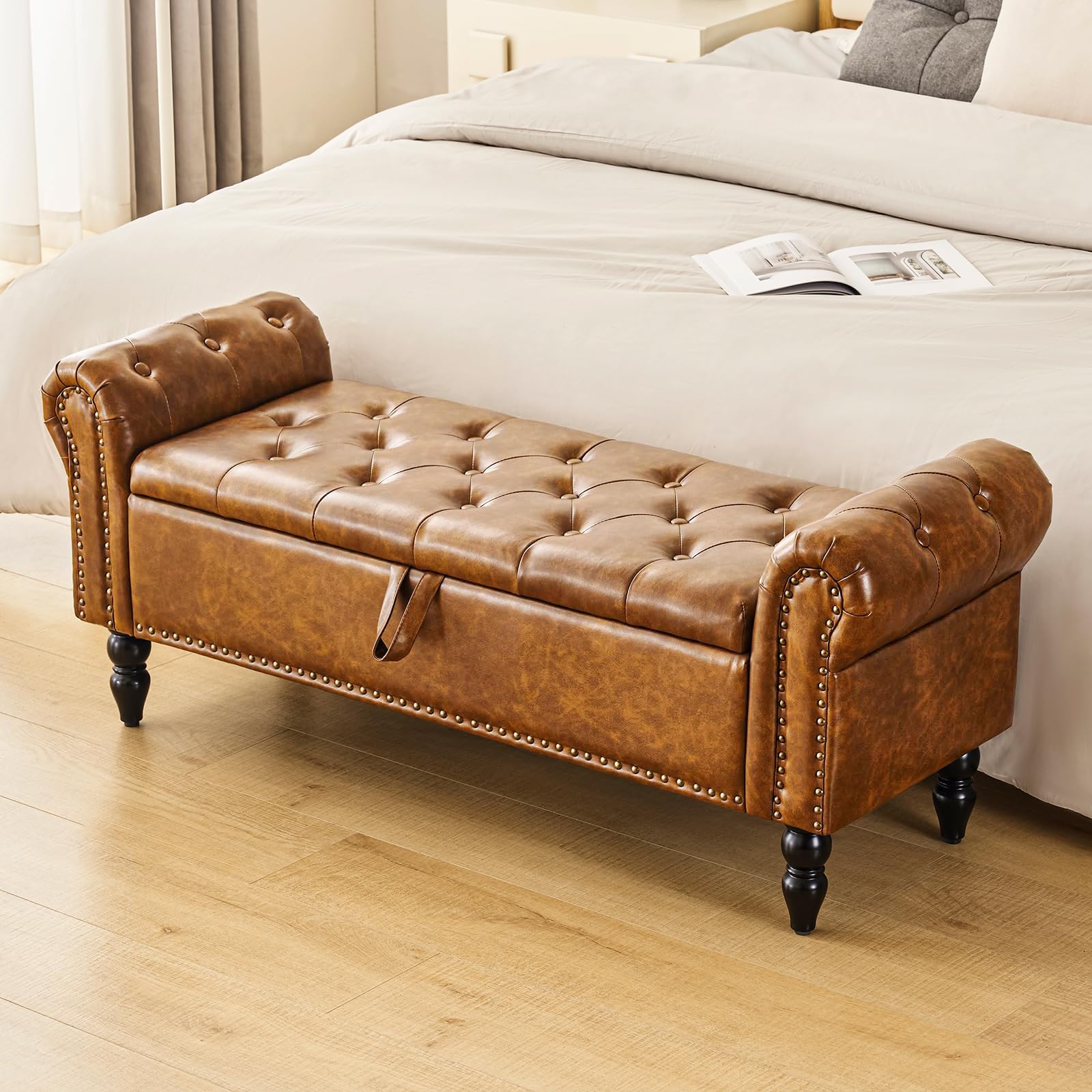 Furnimart Faux Leather Storage Ottoman Bench with Rolled Arms - 2.5 Cubic Feet Storage Space for Bedroom, Living Room & Entryway | Perfect for Extra Seating, Shoe Storage & Home Organization